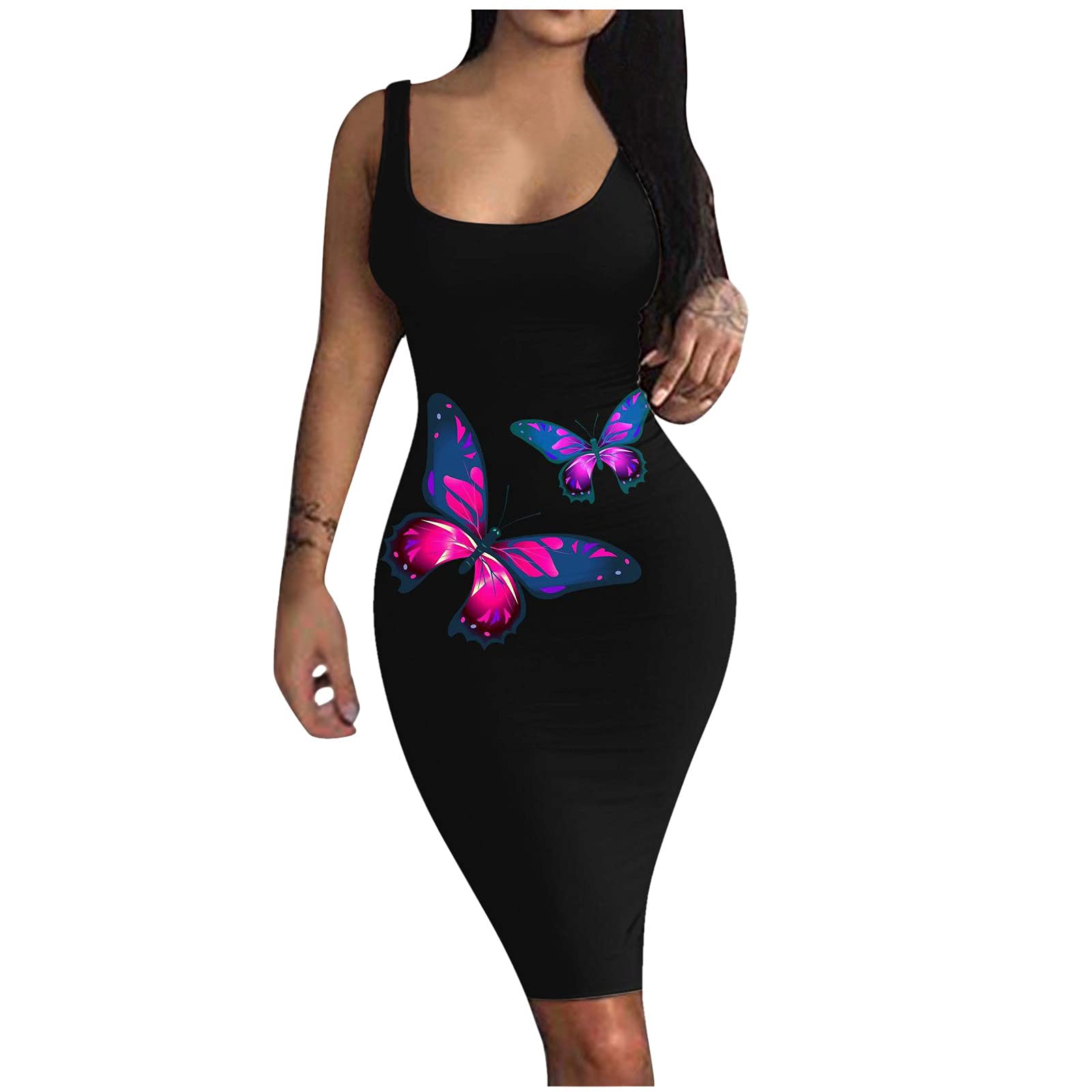 Sexy Women's Summer Casual Tank Dress - Bodycon Gradient Sleeveless Midi Dress for Cocktail Party, Club, Beach & Vacation Wear