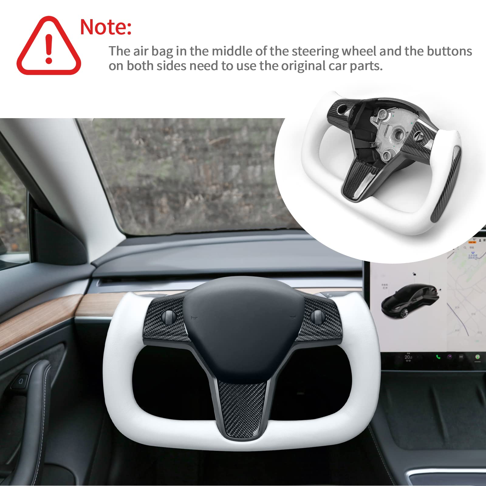 YAMUDA Carbon Fiber Steering Wheel Cover for Tesla Model 3 & Y (All Years) - White Square Aircraft Style with Side Handle | Premium Car Interior Upgrade for Enhanced Grip & Sporty Driving Experience