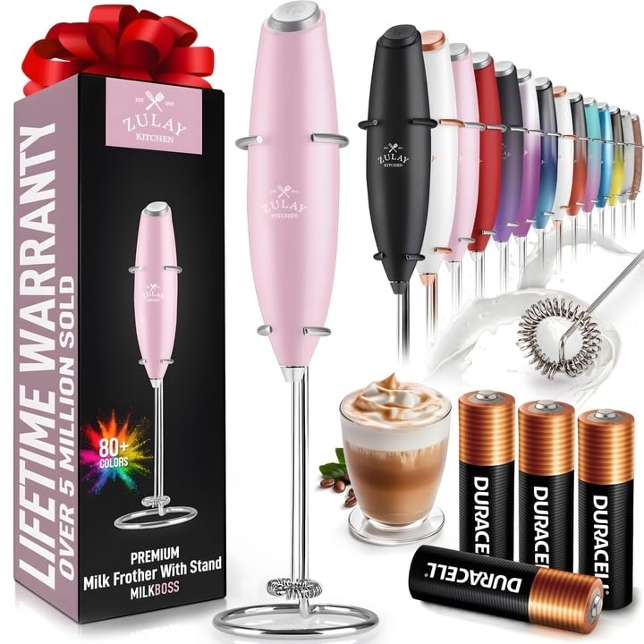 Zulay Powerful Milk Frother with 4 Duracell Batteries - Handheld Electric Milk Frother Wand for Coffee, Cappuccino, Matcha, Hot Chocolate & Creamer - Perfect for Home, Office & Coffee Shops - Create Foamy Drinks, Frappes & Even Cotton Candy