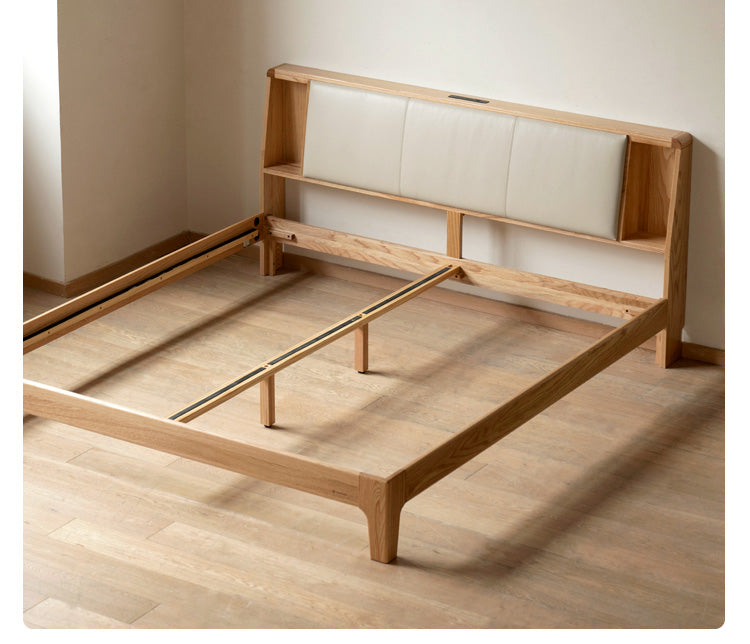 Solid Oak Wood Leather & Fabric Luminous Bed with Shelf - Modern Platform Bed Frame with Storage for Bedroom, Guest Room, or Dorm