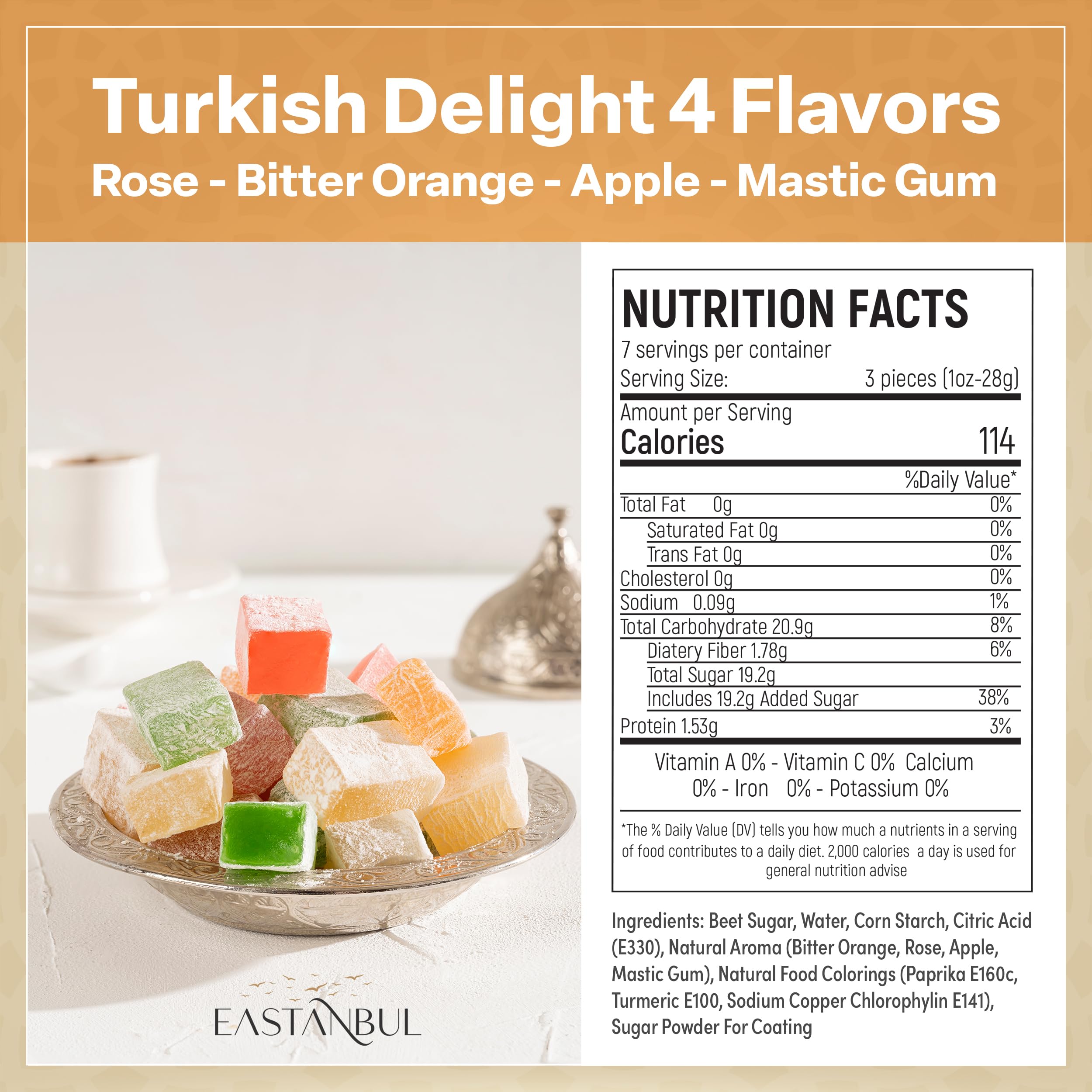 Premium Eastanbul Turkish Delight Lokum - 10.5oz Assorted Flavors (Rose, Orange, Apple, Mastic) | Gluten Free, Vegan, No Artificial Ingredients | Authentic Turkish Candy for Gifts, Dessert & Tea Time