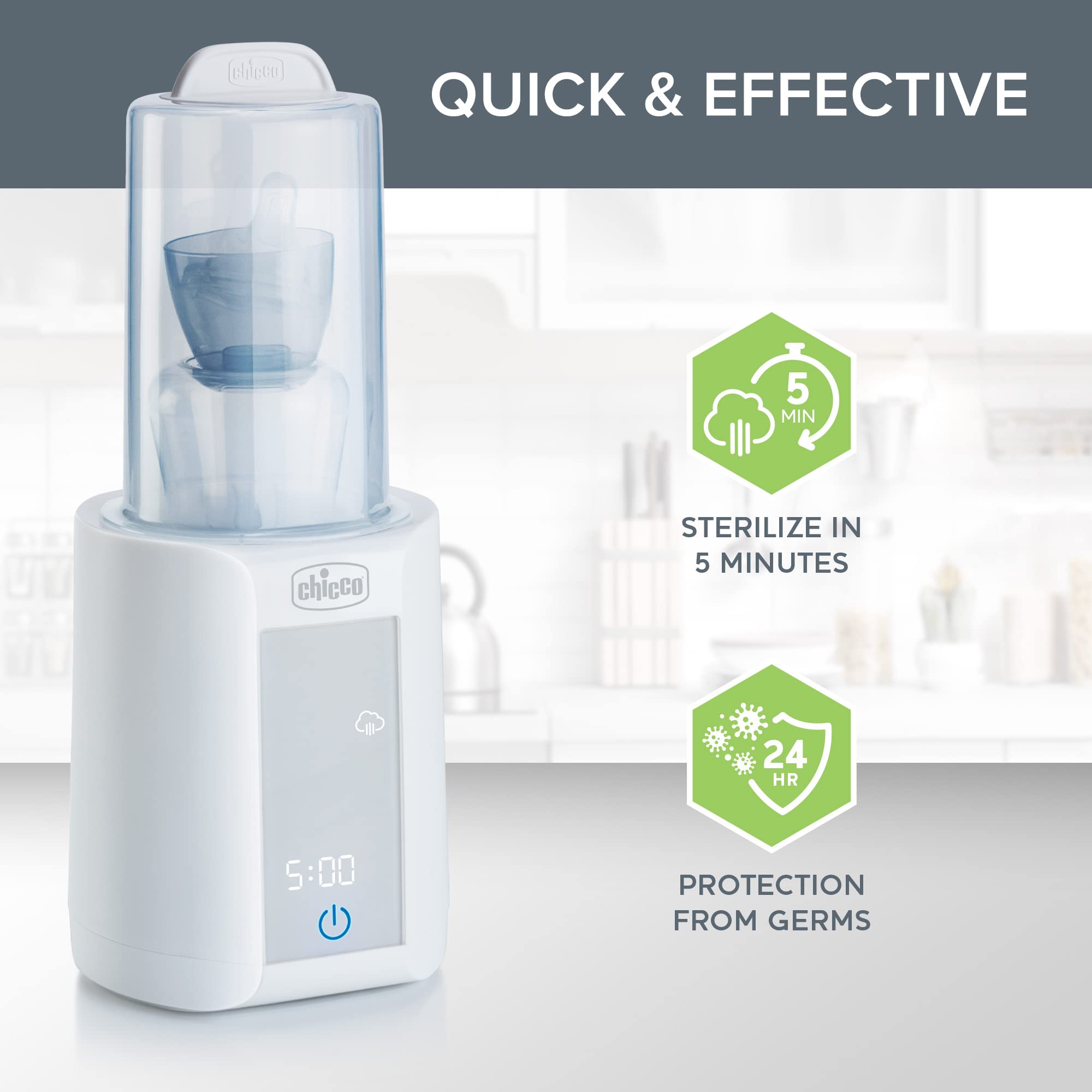 Chicco Digital Baby Bottle Warmer and Sterilizer - 4 Heating Modes for Bottles, Food Jars & Milk Bags | 99.9% Germ Elimination | Touchscreen Control with Auto Shut-Off | Perfect for Night Feedings, Travel & Daycare Use