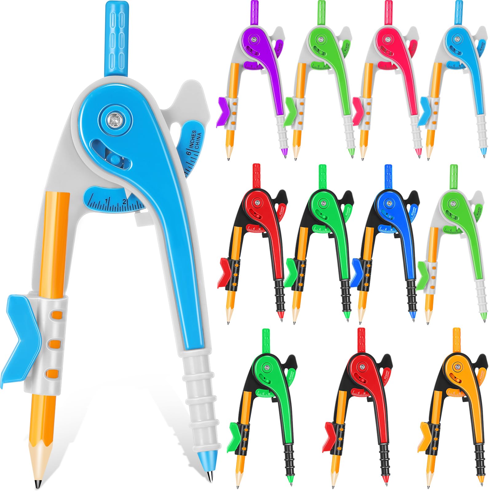 Zonon 12-Piece Student Math Geometry Compass Set - 6 Inch Plastic Drawing Compass with Pencils, Bright Colors, Precision Tool for School & Office - Perfect for Geometry Class, Engineering Drawings & Art Projects