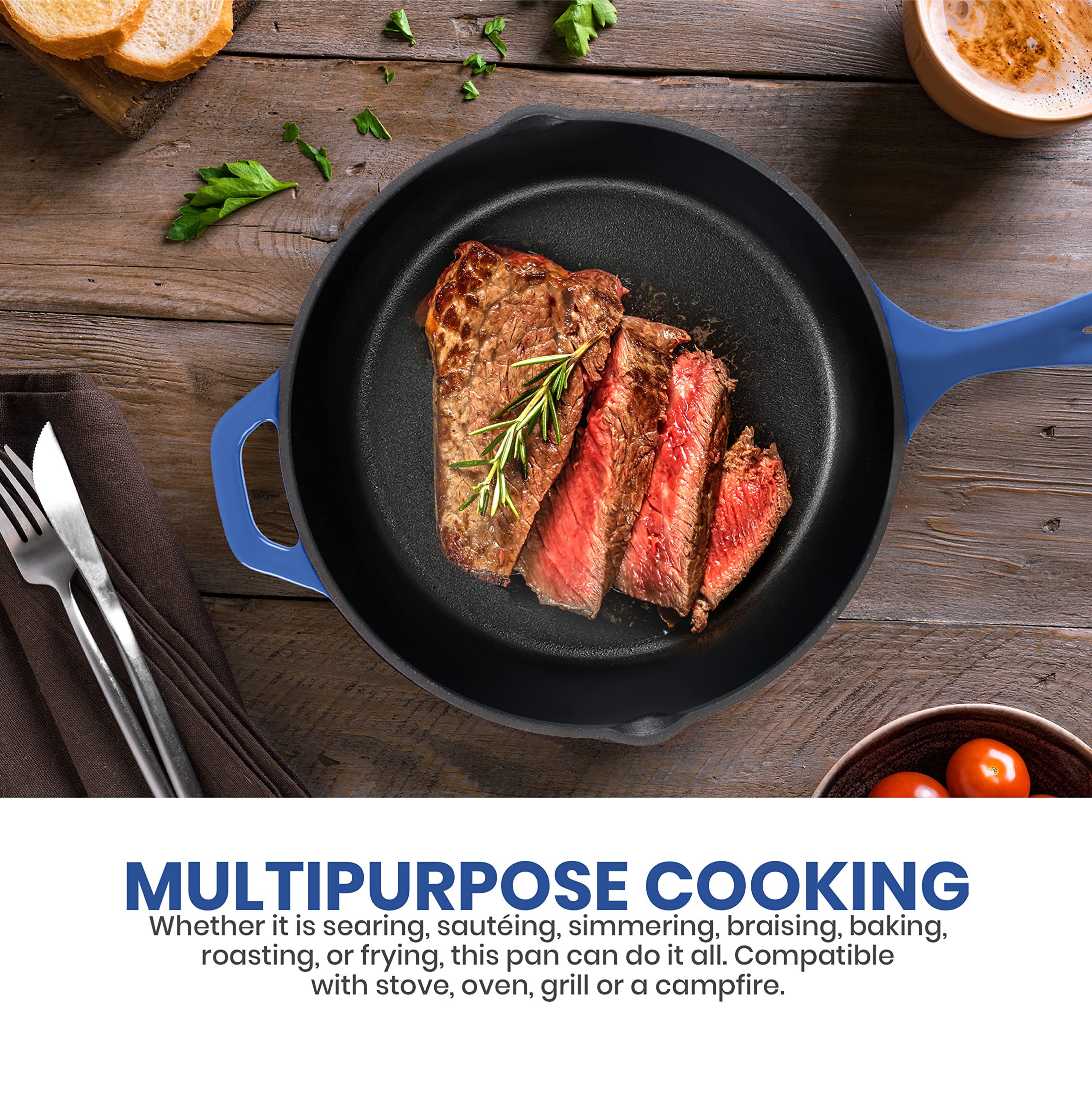 Utopia Kitchen 10.25 Inch Cast Iron Skillet - Pre-Seasoned Chef's Pan for Sauteing, Frying & Grilling | Indoor & Outdoor Safe Cookware | Perfect for Camping, BBQ & Home Cooking (Blue)