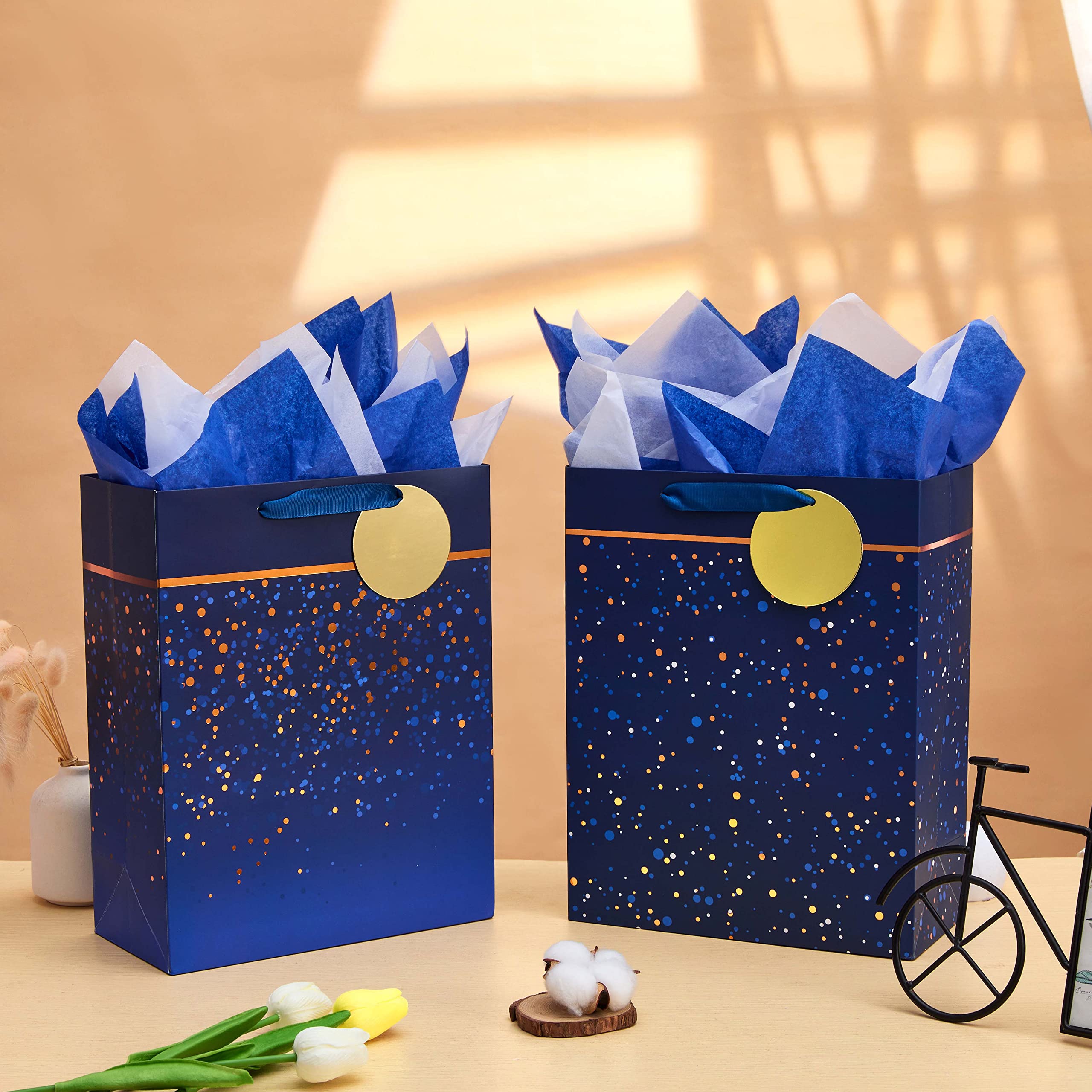 SUNCOLOR 2 Pack 13 Inch Large Christmas Gift Bags with Tissue Paper - Holiday Party Favor Bags for Birthday, Wedding, Baby Shower & Special Occasions