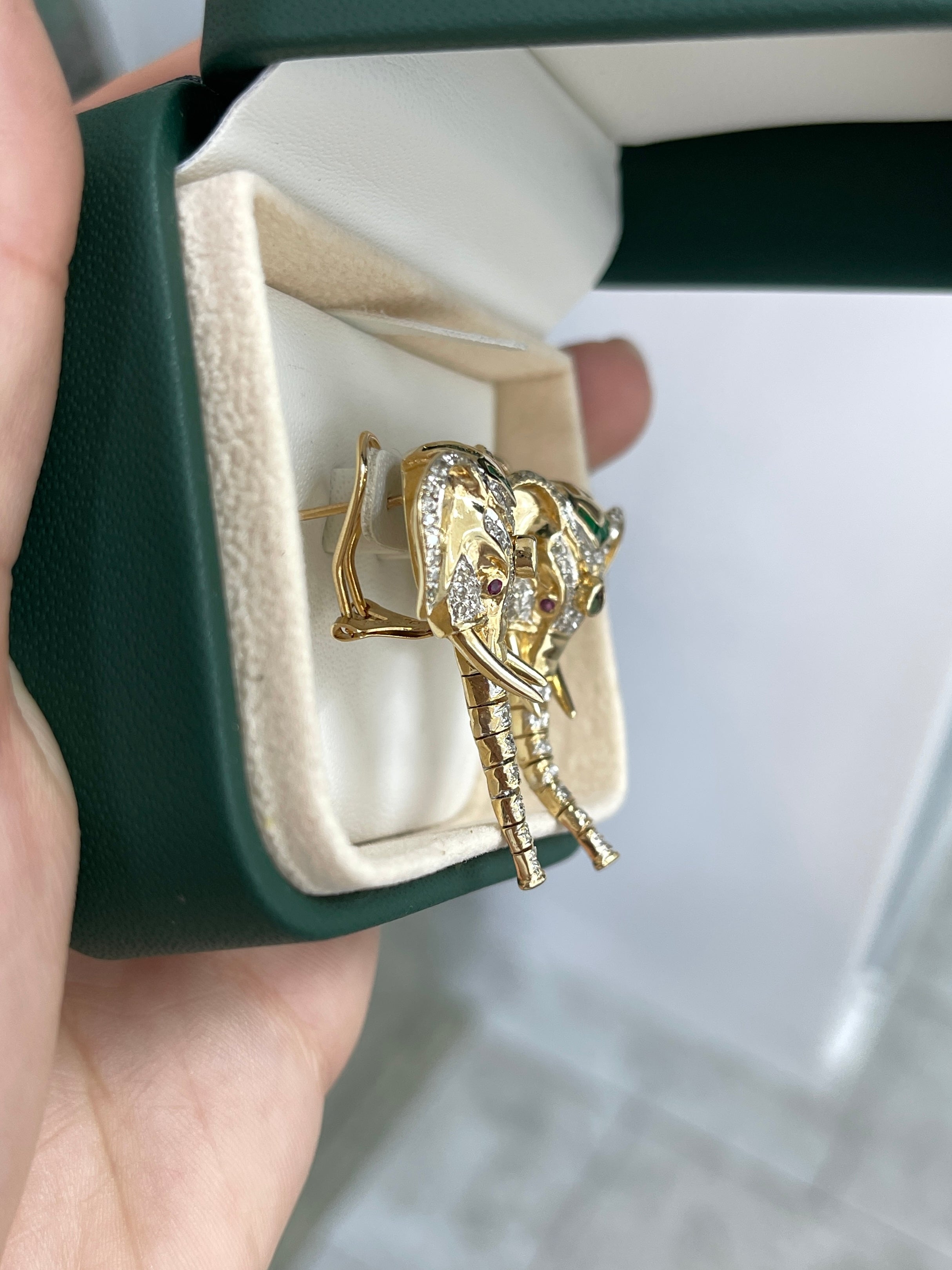 0.91tcw 14K Gold Elephant Earrings with Diamonds, Rubies & Emeralds - Moving Trunk Design for Women | Perfect Gift for Birthday, Anniversary & Special Occasions