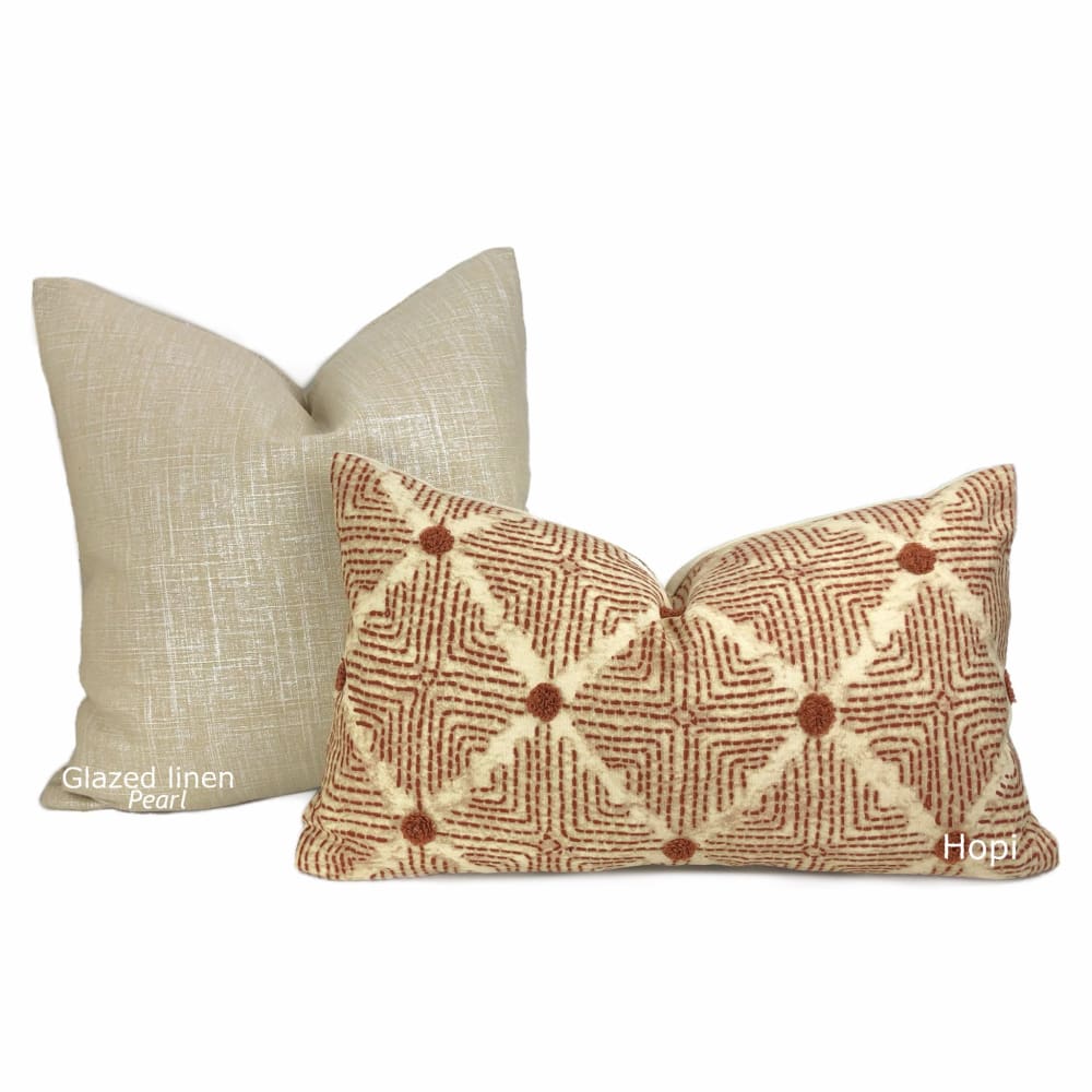 Hopi Rust & Ivory Embroidered Ethnic Diamond Pillow Cover - Bohemian Home Decor for Living Room, Bedroom, Sofa & Couch
