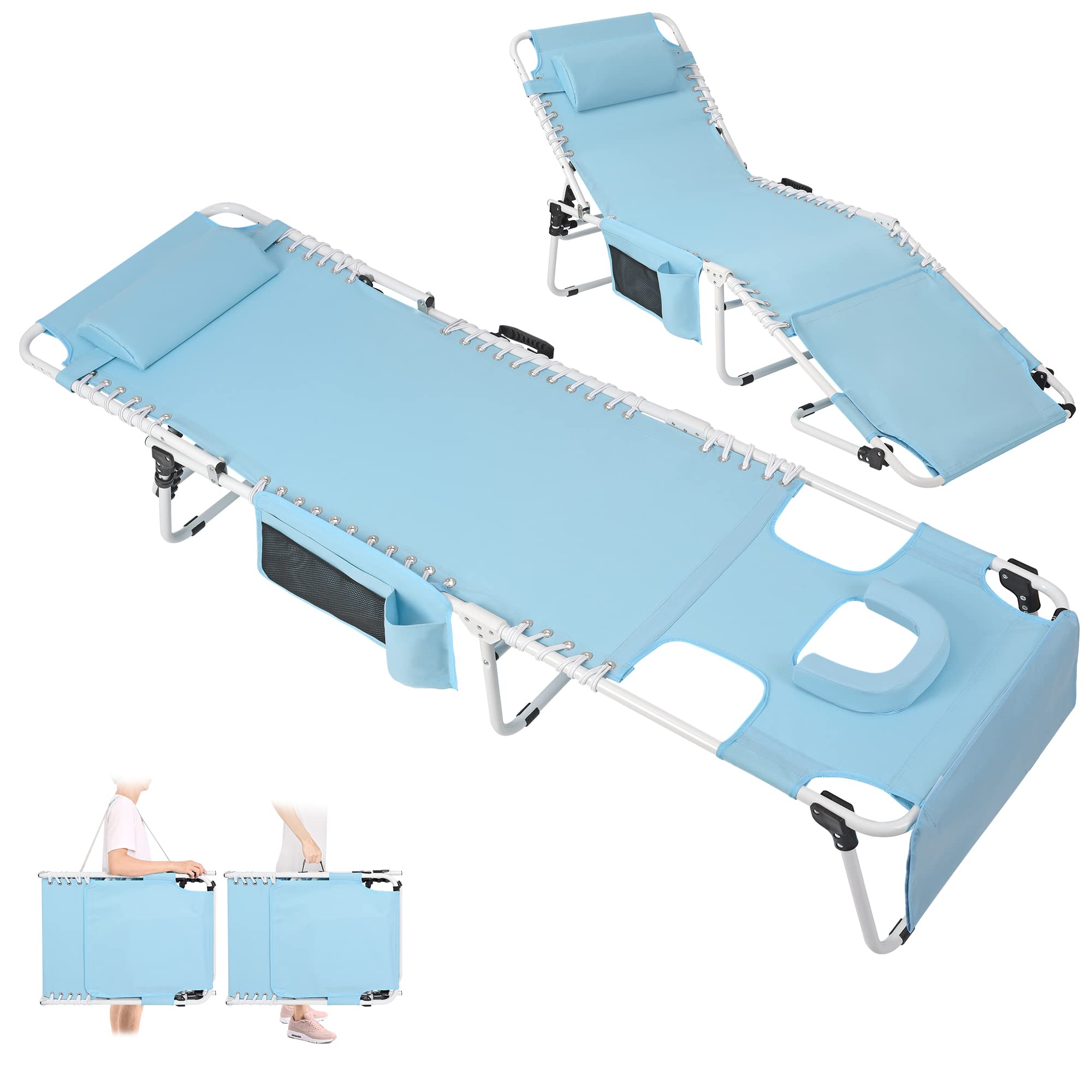 Premium Heavy Duty Tanning Chair with Face Hole - Adjustable 5-Position Folding Chaise Lounge for Outdoor Use | Portable, Lay Flat Design Perfect for Beach, Poolside, Patio, Lawn, Camping & Deck Sunbathing | Ideal for Relaxation, Vacation & Outdoor Leisure Activities
