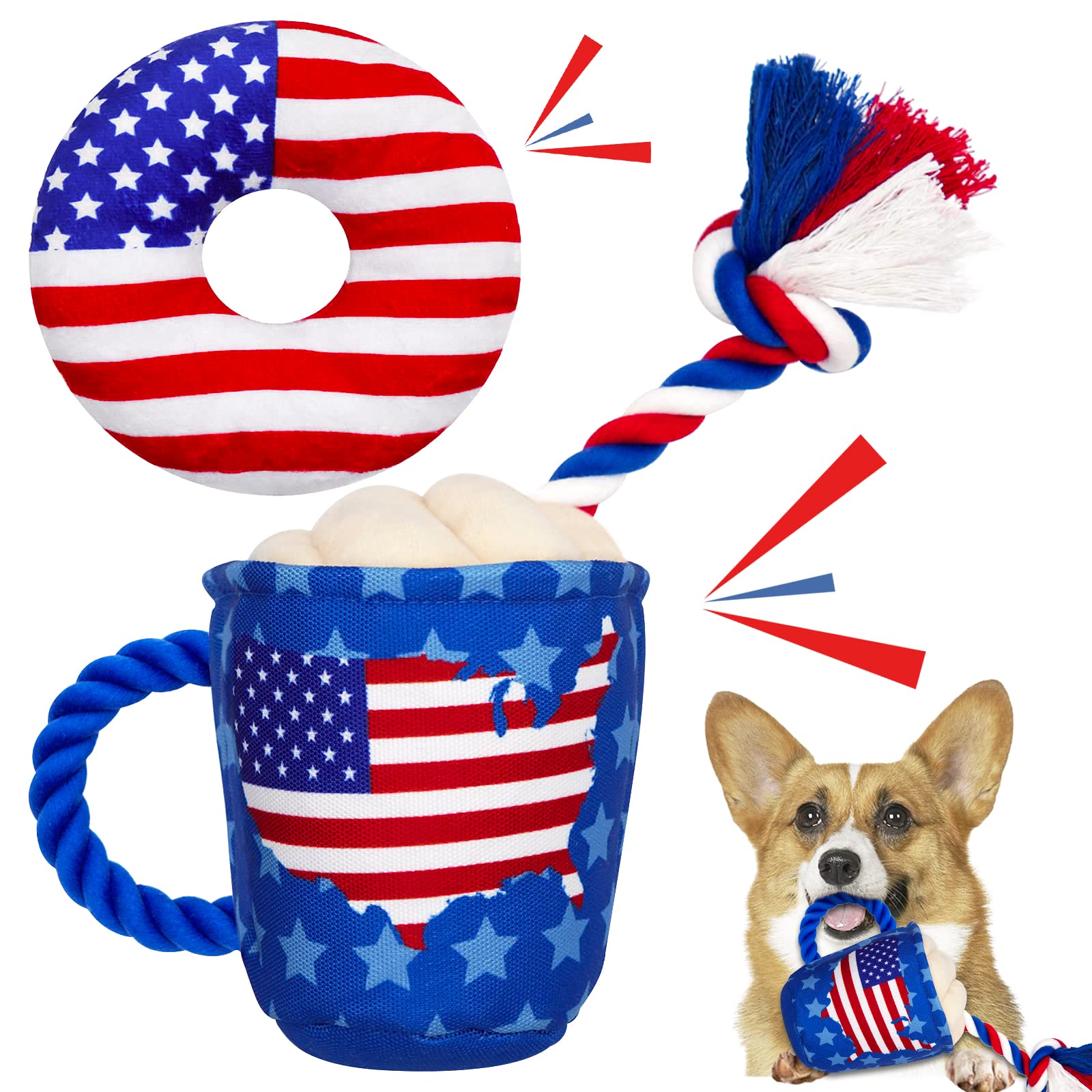 Lepawit 4th of July Patriotic Dog Toys 2-Pack - Plush Squeaky Chew Toys with Cotton Rope for Teeth Cleaning & Interactive Tug of War - American Flag Coffee Cup & Donut Design for Medium & Large Dogs - Perfect for Independence Day Celebrations & Playtime Bonding