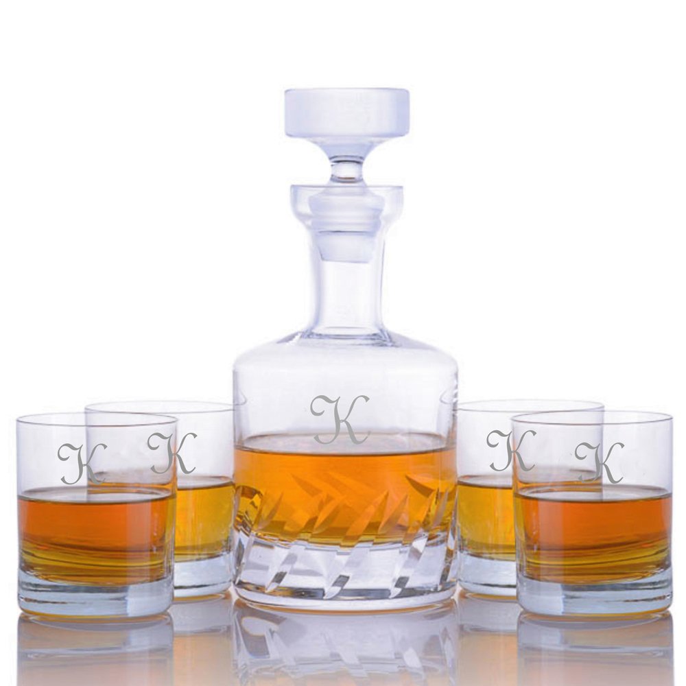 Personalized Ravenscroft Lead-Free Cut Crystal Beveled Blade Whiskey Decanter Set with 4 Engraved Rocks Glasses - Monogrammed Barware Gift for Men, Whiskey Lovers, Christmas & Holiday Parties - Perfect for Home Bars, Gifts & Special Occasions