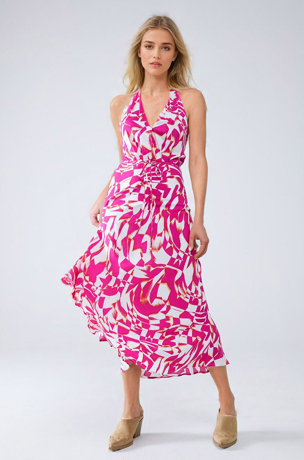 Elegant Fuchsia and White Abstract Print Midi Backless Robe with Cinched Waist - Perfect for Bridal Showers, Spa Days, and Relaxing at Home