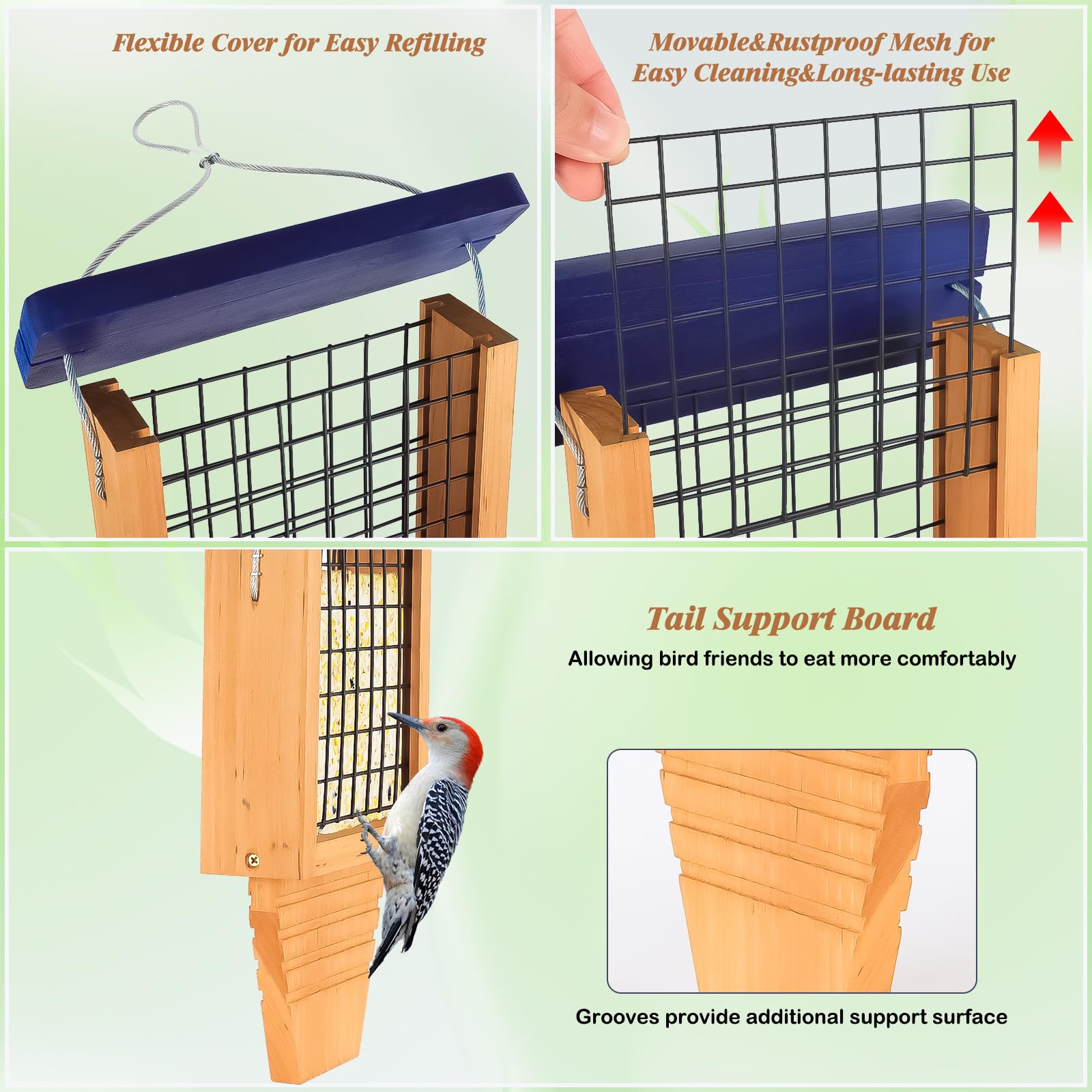 Wooden Suet Bird Feeder for Outdoor Hanging - Durable Woodpecker Feeder with Tail Prop - Wild Bird Feeder for Backyard, Garden & Nature Watching - 1 Pack Blue Birdhouse for Year-Round Bird Feeding