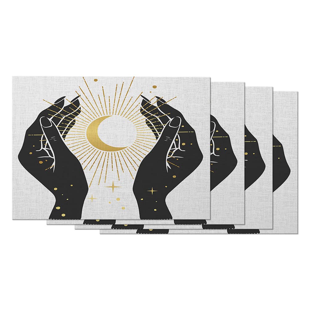 AOYEGO 4-Piece Crescent Moon Hands Silhouette Placemats Set - 12x18 Inch Cotton Linen Table Mats with Sun & Stars Design for Dining Table Decor | Perfect for Boho, Celestial, and Nature-Inspired Home Decor Themes
