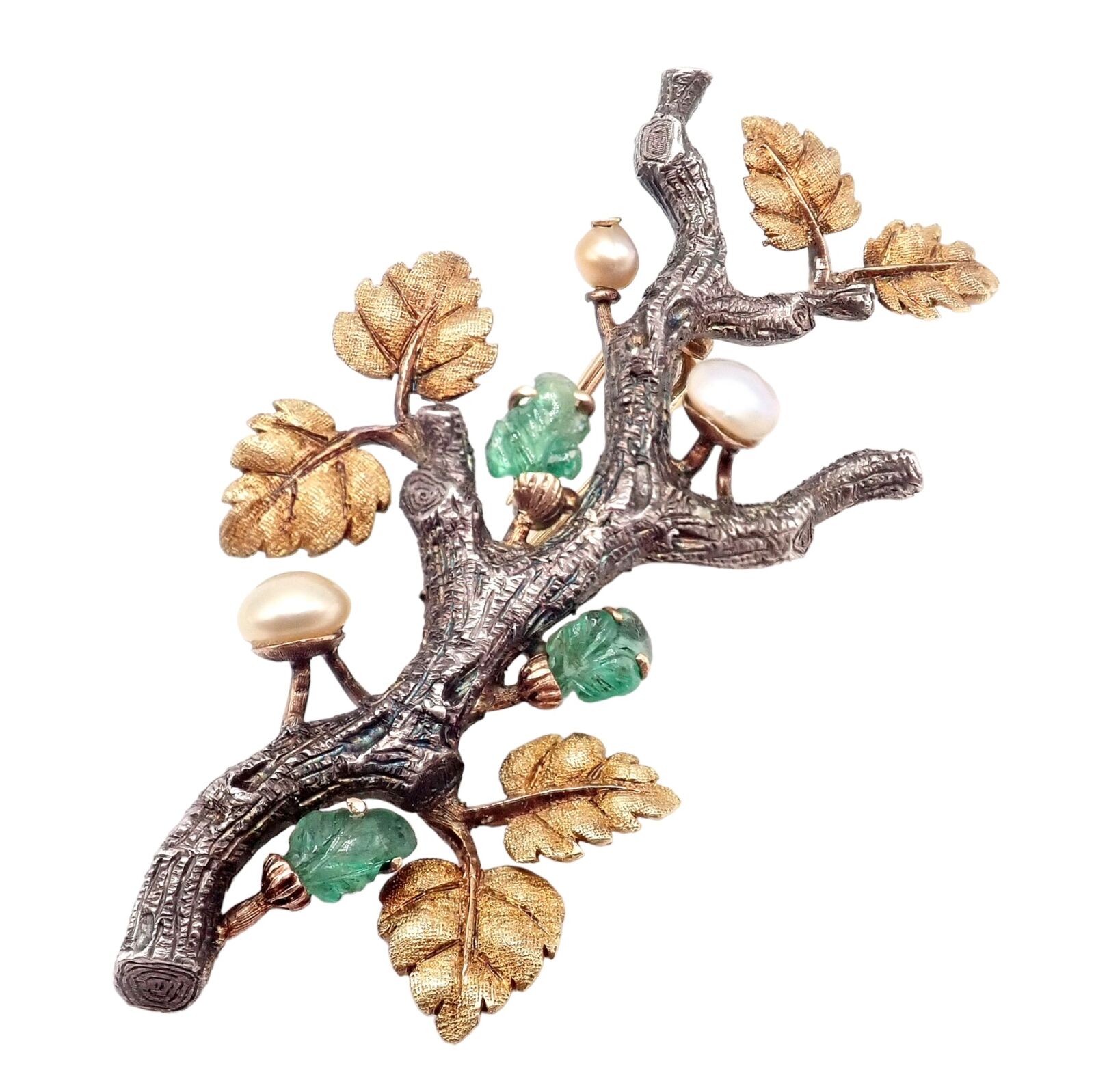 Vintage Buccellati 18K White & Yellow Gold Carved Emerald Branch Brooch Pin - Elegant Jewelry for Women, Perfect for Weddings, Parties & Special Occasions