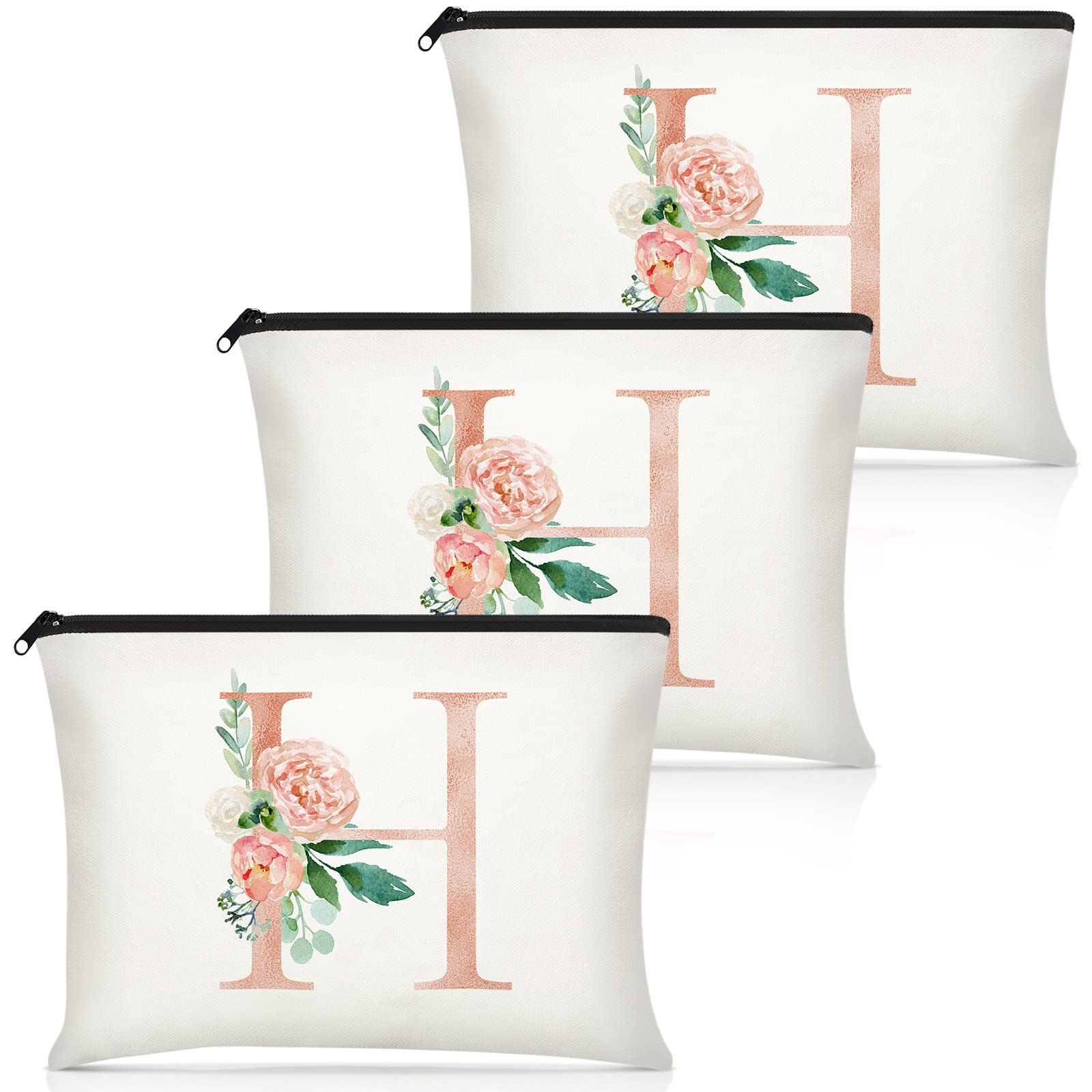 3-Piece Floral Monogram Makeup Bags for Women - Personalized Cosmetic Travel Organizer (9x6 Inches) - Perfect for Wedding, Bridal Shower, Birthday & Mother's Day Gifts - Teacher Appreciation, Travel Essentials & Daily Beauty Storage (H Style)