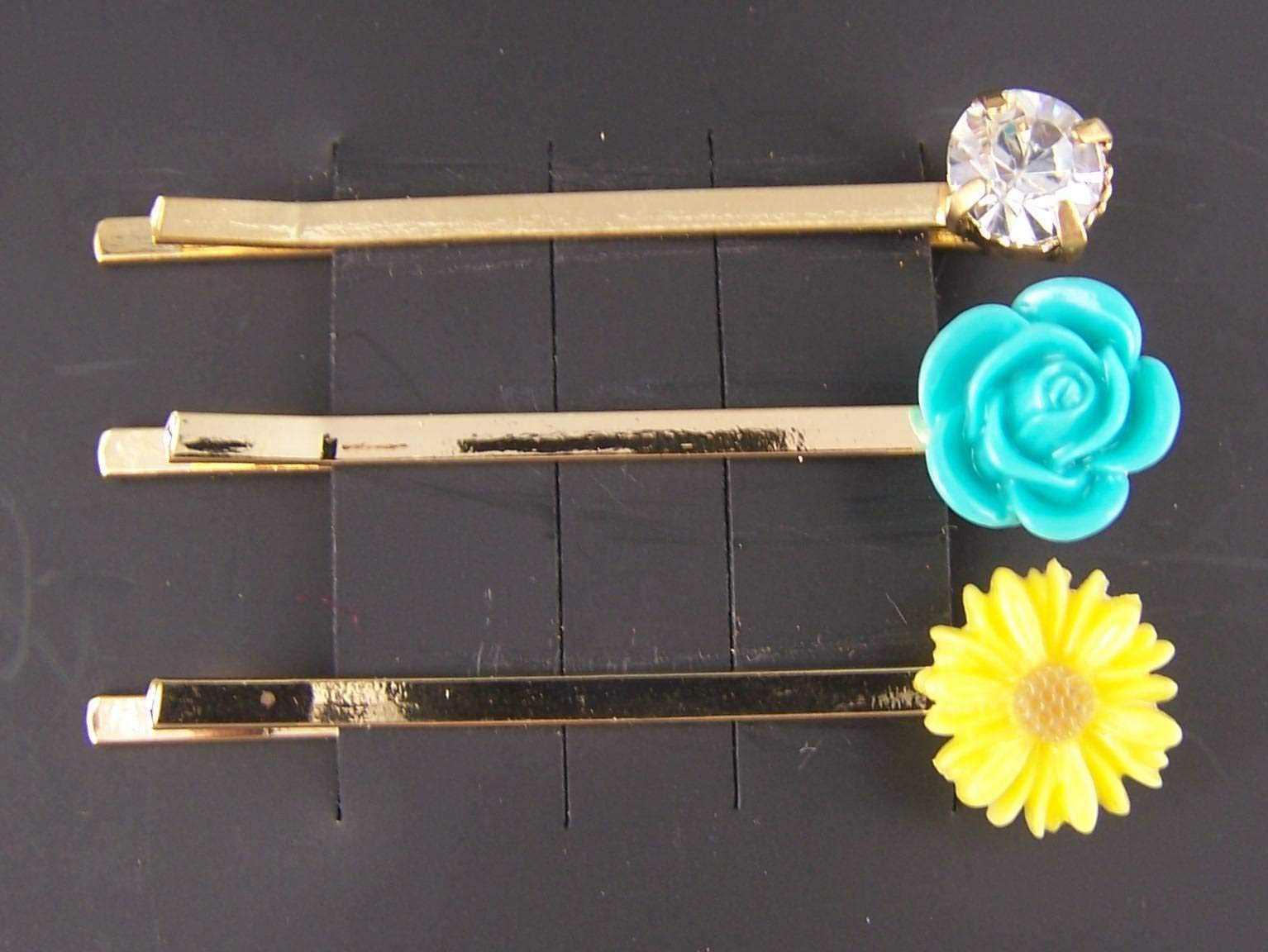 Aqua Sunflower Crystal Gold Tone Bobby Pins & Barrettes Hair Clips Set - 3 Pack Colorful Hair Accessories for Women & Girls - Perfect for Weddings, Parties & Everyday Styling