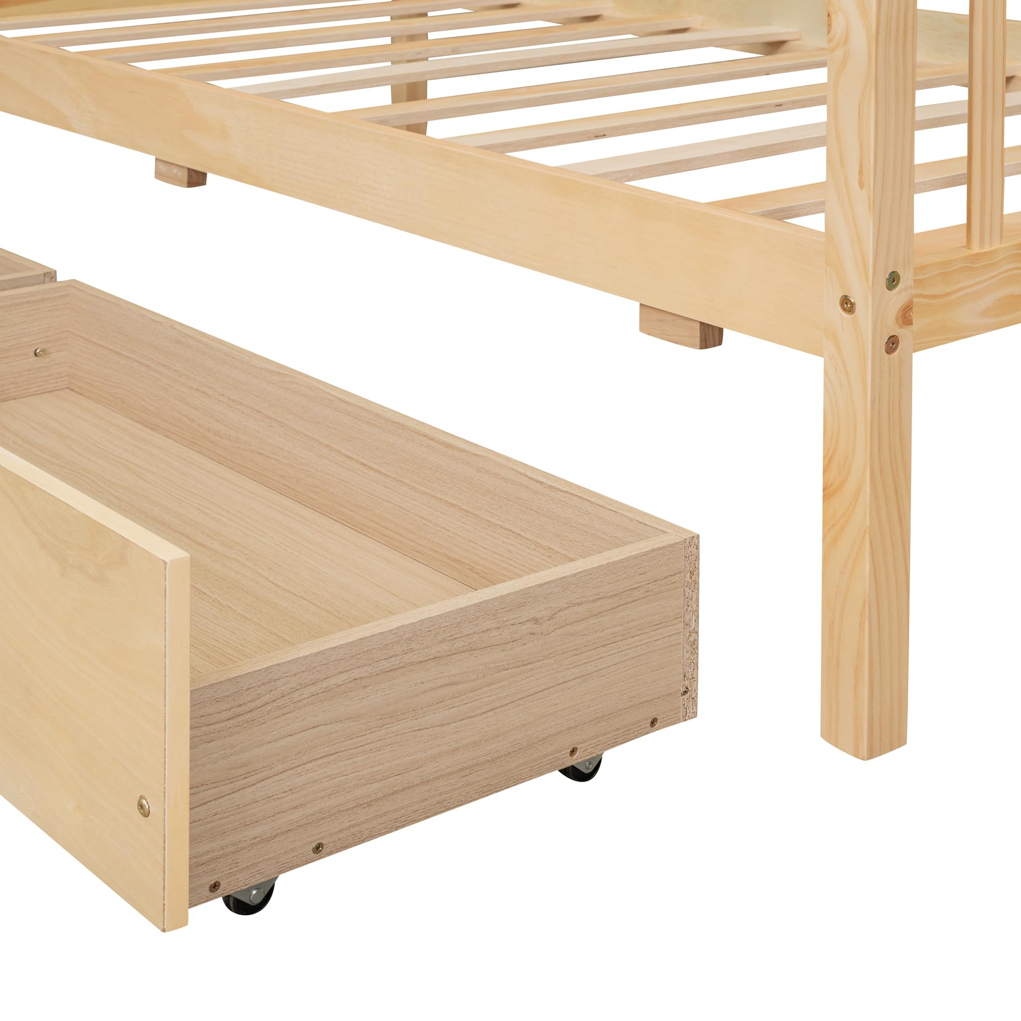 Harper & Bright Designs Twin Size Wooden House Bed for Kids with Storage Drawers - Natural Wood Roof Design Bed Frame for Boys & Girls - Perfect for Bedrooms, Playrooms & Kids' Rooms
