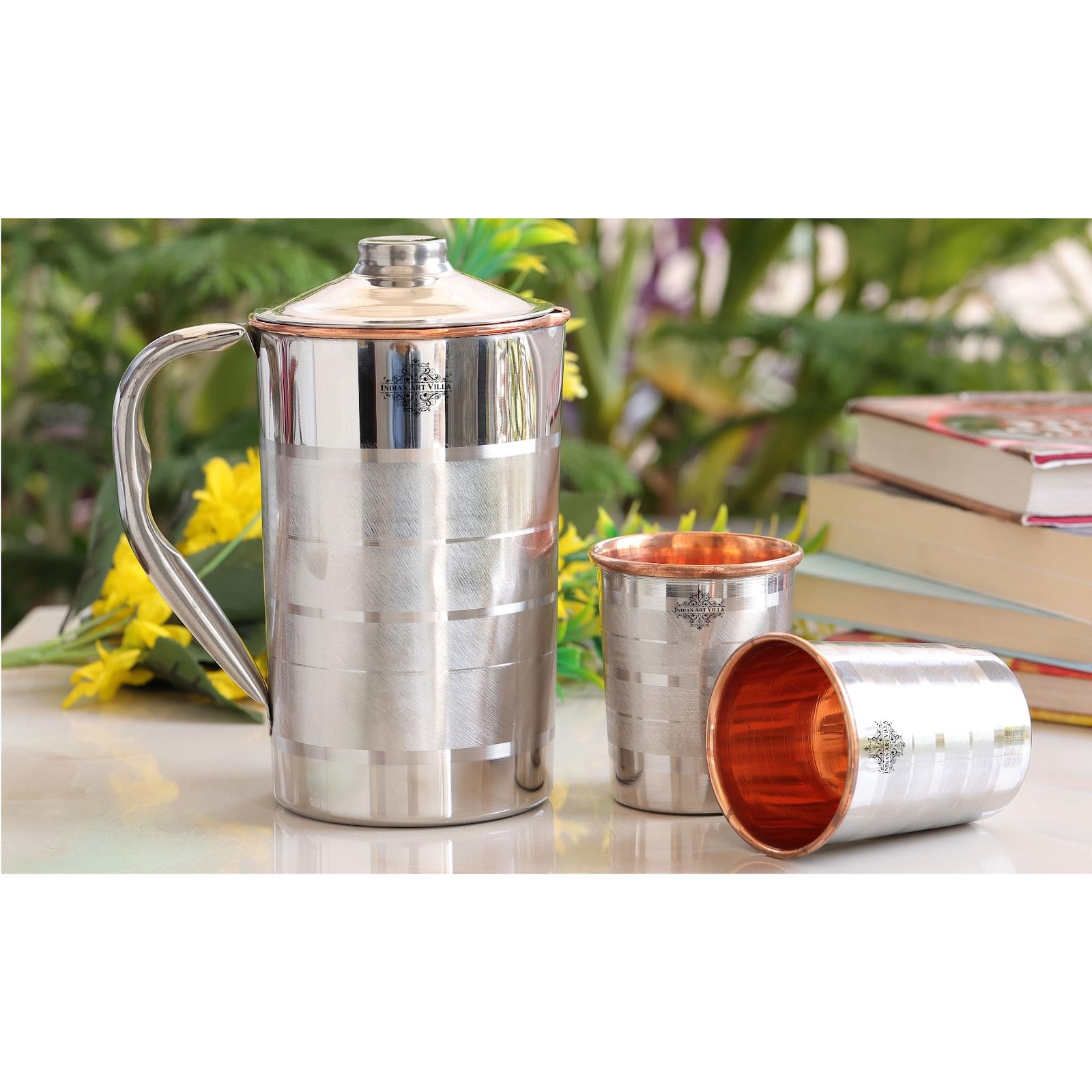 Luxury Indian Art Villa Steel Copper Drinkware Set - 1 Jug (50 Oz) & 2 Glasses (10 Oz) with Elegant Black Gift Box | Perfect for Diwali, Birthday Parties, Weddings & Home Decor | Premium Handcrafted Barware for Cocktails, Juice & Water Serving