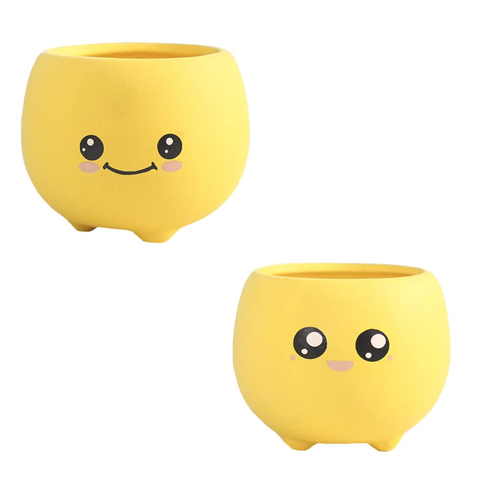 DOITOOL 2-Pack Ceramic Succulent Planter Pots with Drainage Holes - Cute Cartoon Face Design for Mini Plants, Cactus & Bonsai - Perfect for Home, Office & Garden Decor