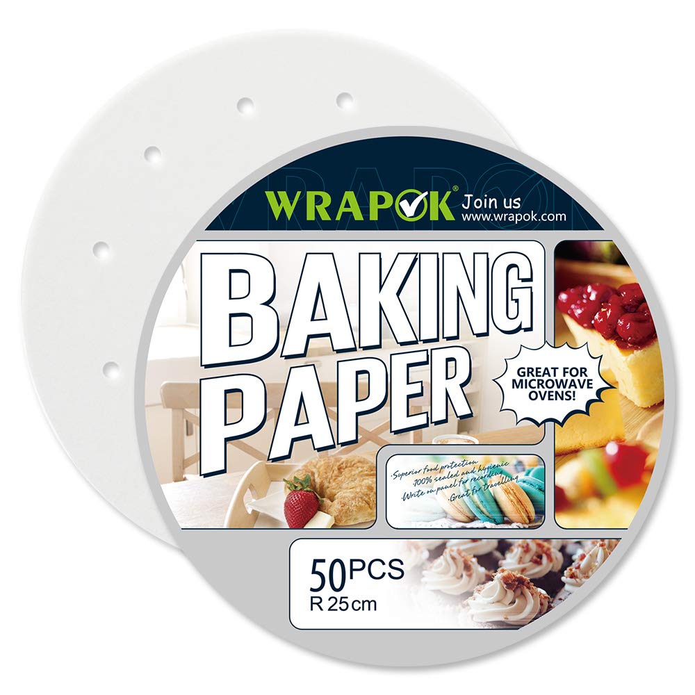 WRAPOK 10 Inch Bamboo Steamer Paper - 50 Round Perforated Parchment Liners for Air Fryer, Baking & Steaming | Non-Stick Cooking Sheets for Cake Pans & Baskets | Perfect for Asian Cuisine, Dumplings & Healthy Meal Prep