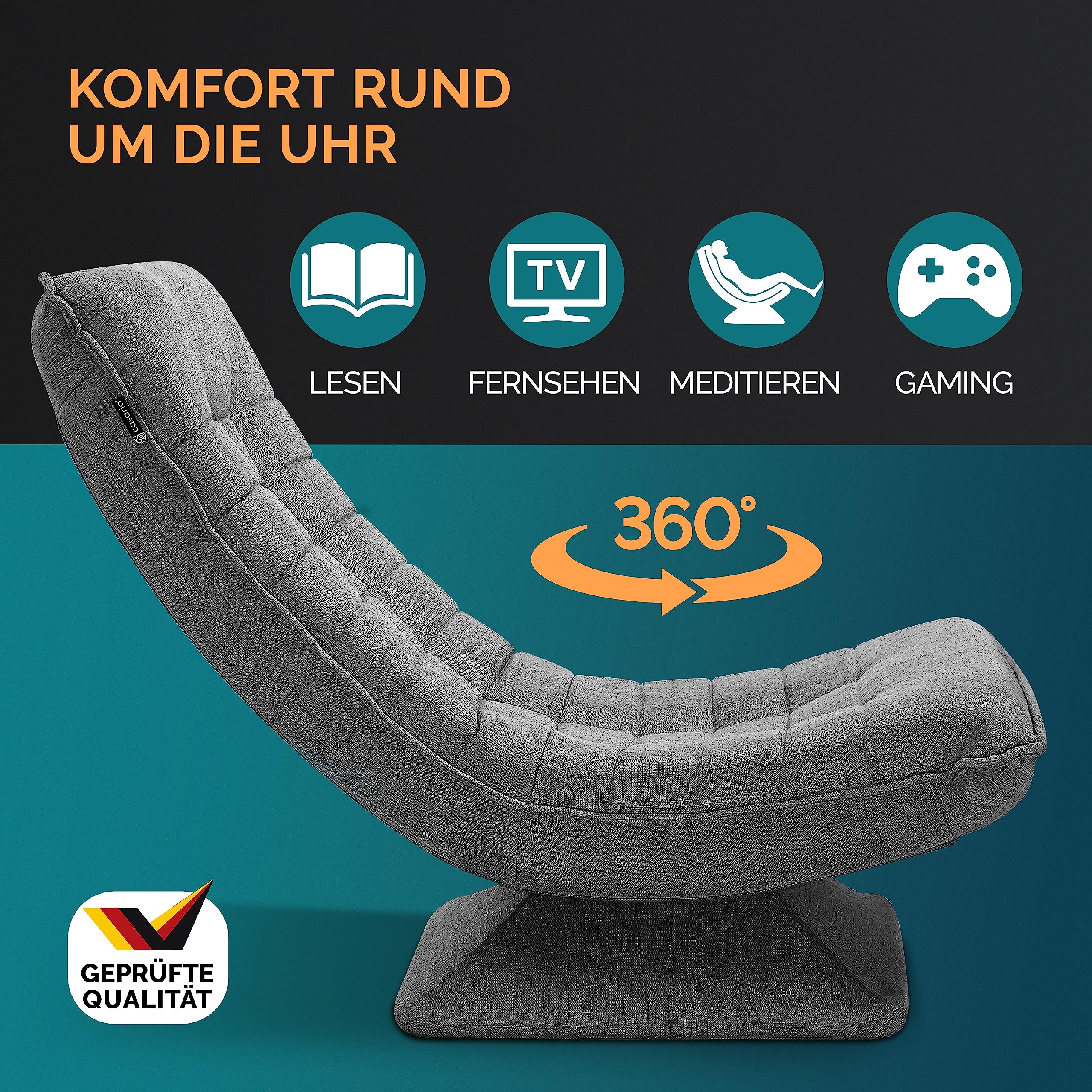 CASARIA® Adjustable Backrest 360° Swivel Floor Chair - Foldable, Gray Upholstered, Supports up to 330 lbs (150kg), 60x105x87cm - Perfect for Living Rooms, Bedrooms, Gaming & Meditation Spaces