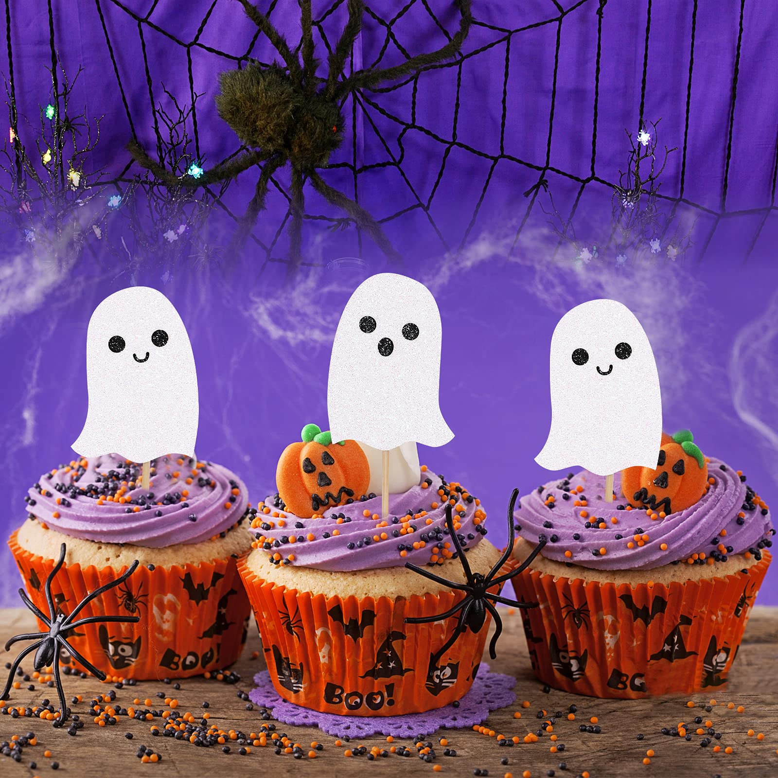 White Glitter Halloween Ghost Cupcake Toppers - Adorable Baby Ghost Cake Decorations for Halloween Baby Shower, Birthday Party & Spooky Celebrations - Perfect for Cupcakes, Cakes & Dessert Displays