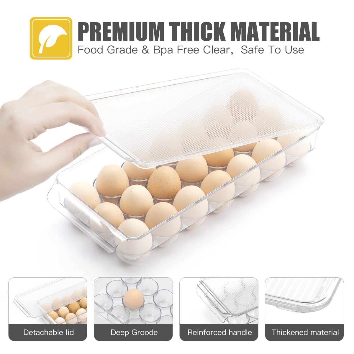 Egg Tray for Refrigerator with Lid - 21 Egg Holder Organizer, Plastic Egg Storage Container for Fridge Bins - Perfect for Kitchen Organization, Breakfast Meal Prep & Fresh Egg Storage (1 Pack, Holds 21 Eggs)