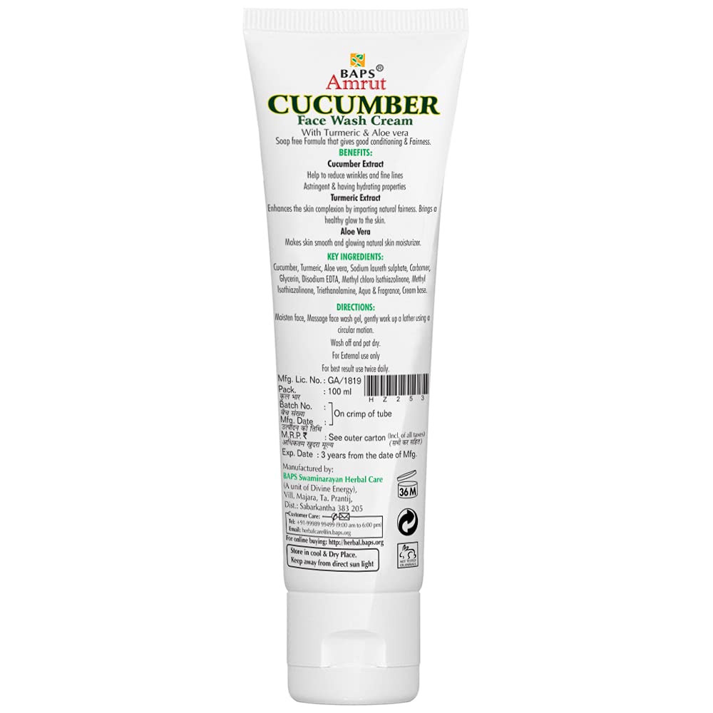 BAPS Amrut Cucumber Face Wash Cream 100ml - Hydrating & Refreshing Facial Cleanser for All Skin Types - Perfect for Daily Skincare Routine & Acne-Prone Skin