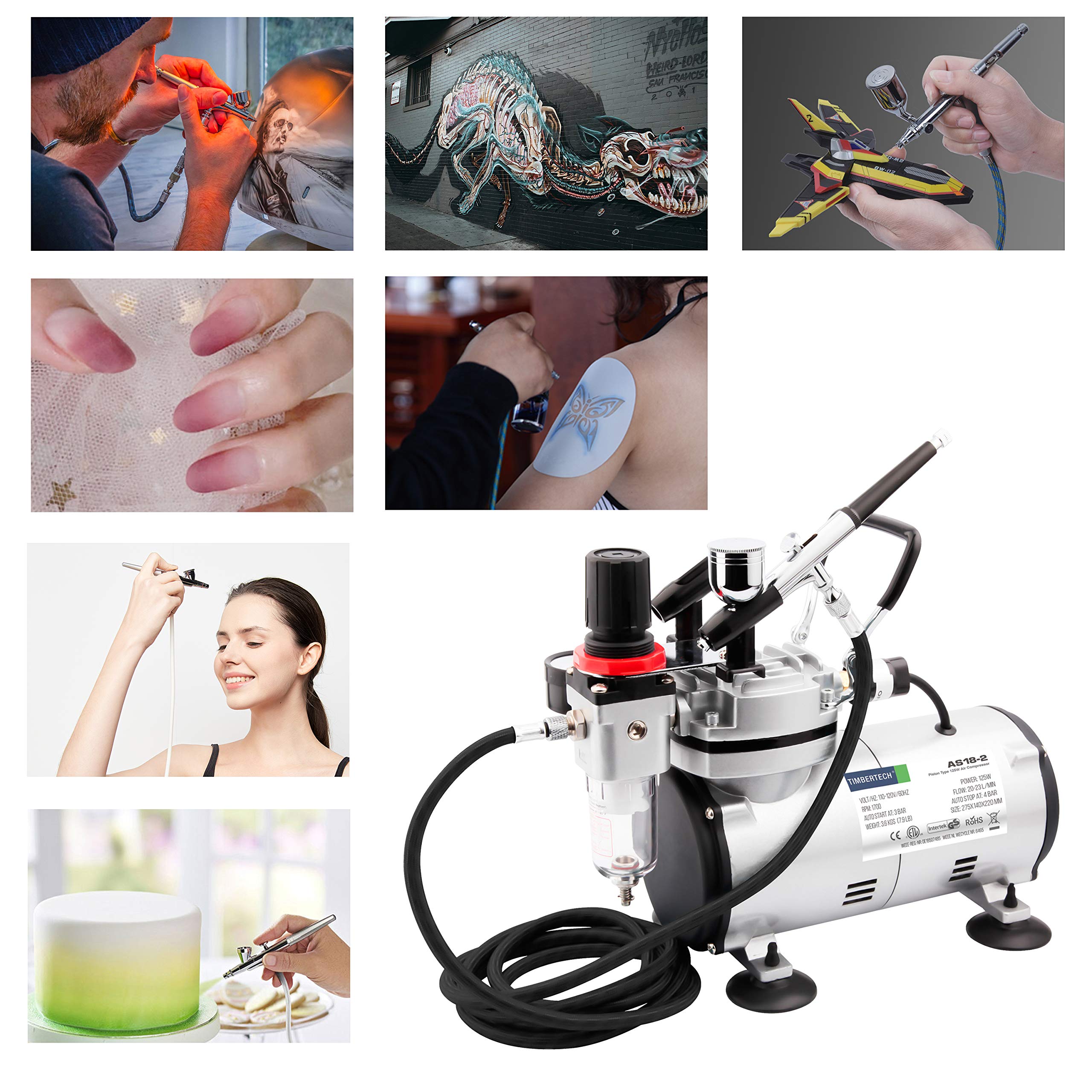 Timbertech AS18-2K Airbrush Kit with Compressor - Complete Starter Set with Air Hose, Cleaning Brushes & Test Paints - Perfect for Hobbyists, Model Painting, Automotive Graphics, Body Art & Makeup Application