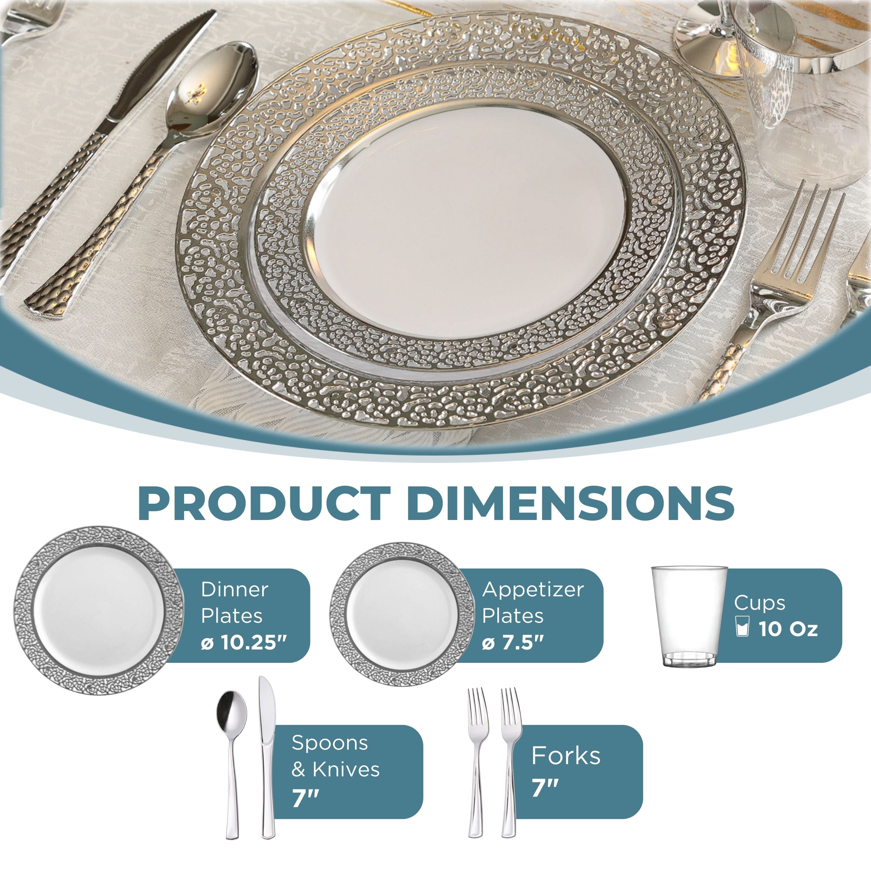 Elegant White and Silver Plastic Party Bundle with Lace - Perfect for Weddings, Birthdays, and Special Events
