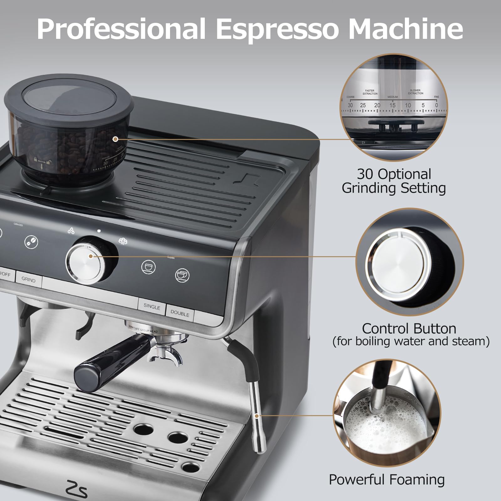 20 Bar Semi-Automatic Espresso Machine with Built-in Grinder & Milk Frother - Professional Home Coffee Maker for Macchiatos, Cappuccinos & Lattes - Perfect Gift for Coffee Lovers & Parents - Ideal for Home Cafes, Office Use & Holiday Gifting