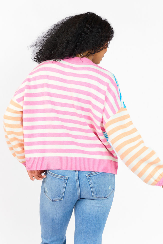 Stylish Blue Pink Orange Multi-Color Block Striped Sweater for Women | Trendy Casual Knit Pullover | Perfect for Fall Winter Outfits & Cozy Layering
