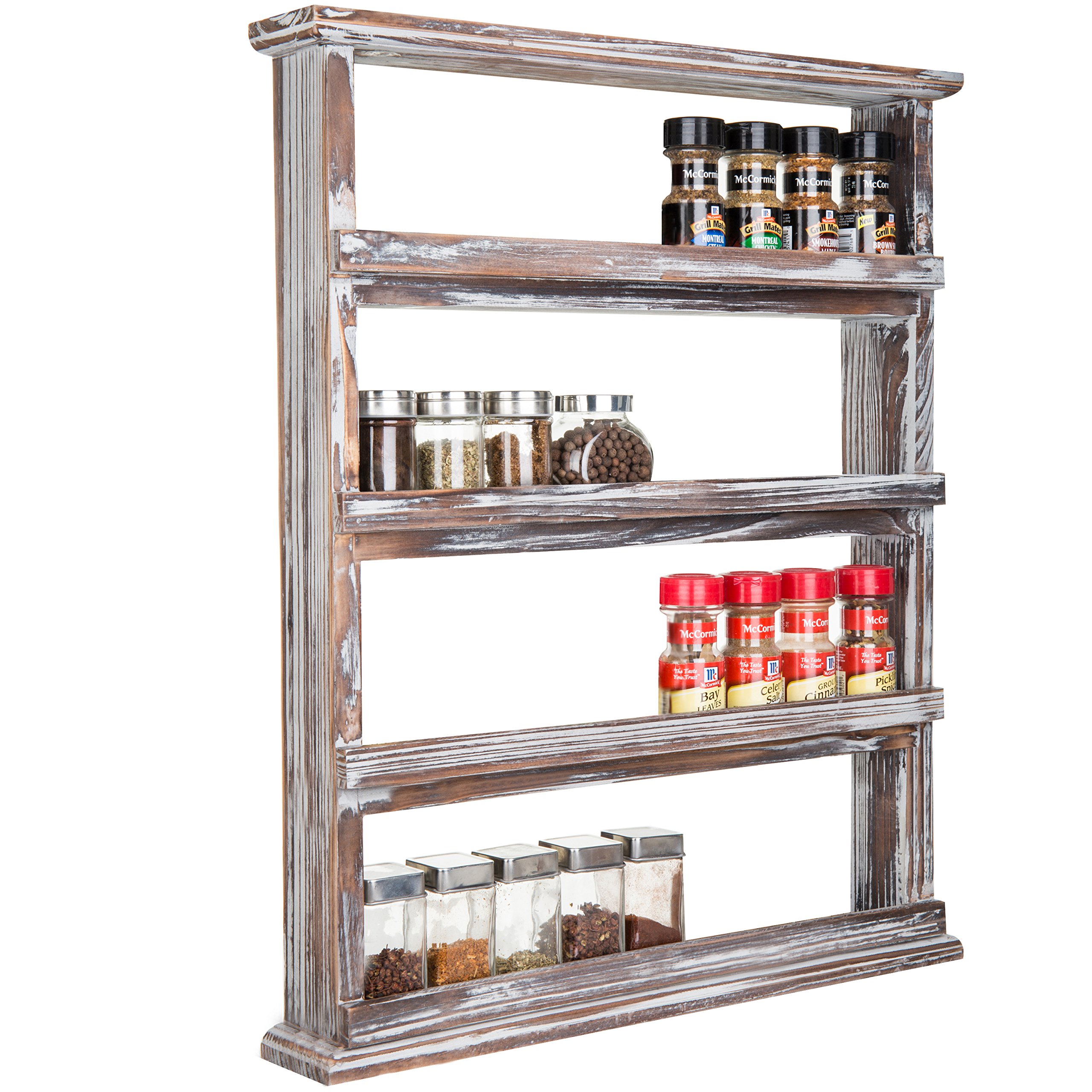 MyGift Rustic Torched Wood Wall Mounted Spice Rack - 4 Tier Pantry Organizer with Seasoning Jar Shelves | Perfect for Kitchen, Dining Room & Small Space Storage Organization