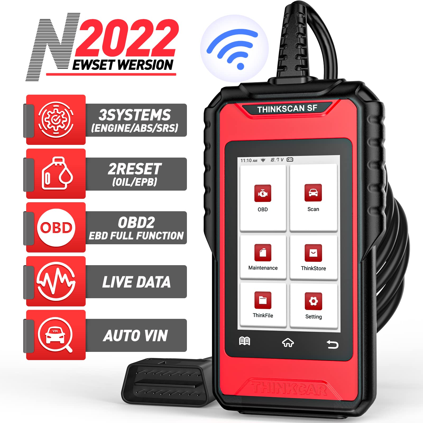 THINKCAR ThinkScan SF100 OBD2 Scanner - ABS/SRS Diagnostic Tool with Engine Light Reset, Oil/EPB Reset, AutoVIN Reader & Battery Test | 28+ Reset Functions & WiFi Updates | Perfect for Mechanics & DIY Car Maintenance