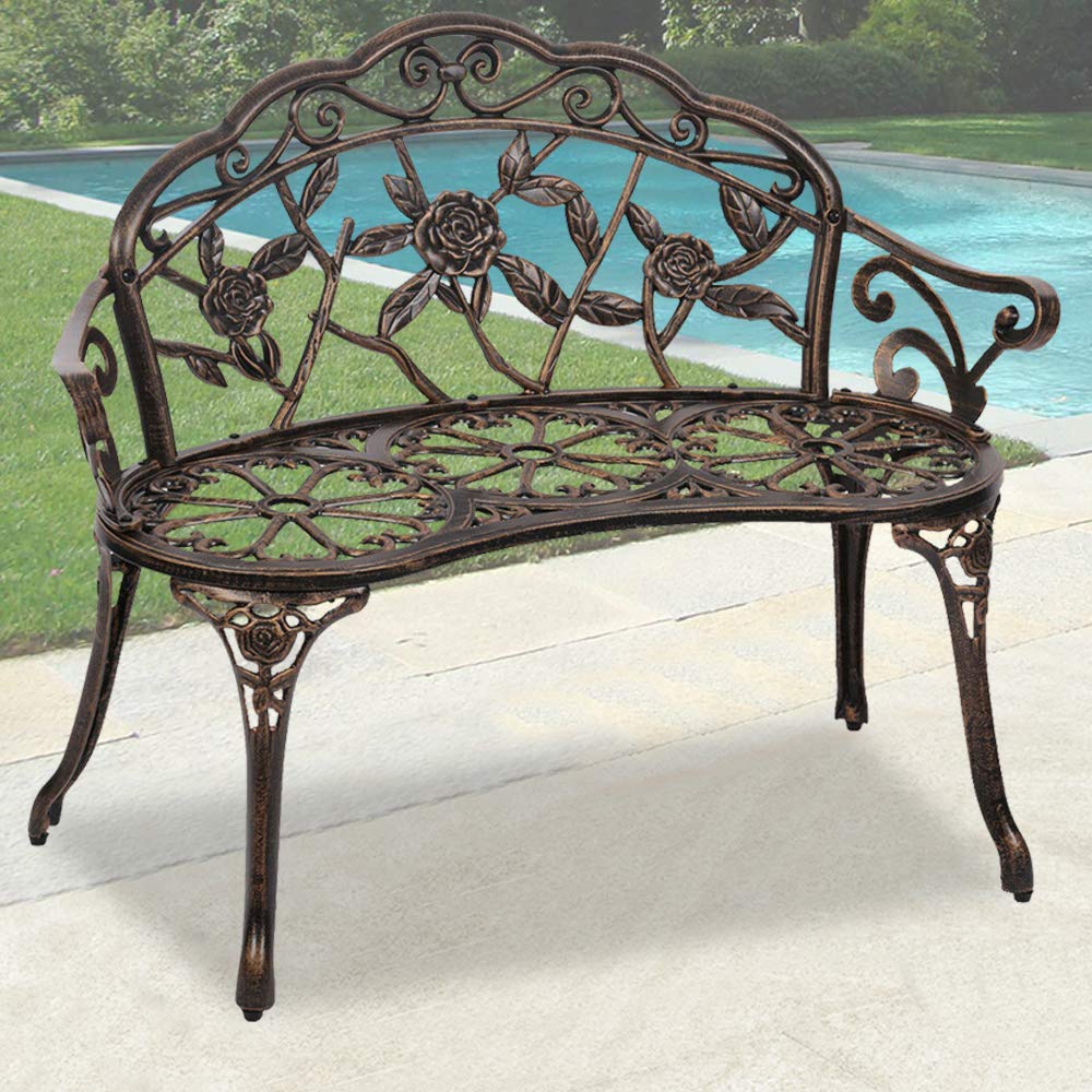 DKeli Outdoor Metal Garden Bench with Floral Rose Accent - Aluminum Patio Bench for Park, Yard, Deck & Entryway - Durable Porch Seating Furniture for Gardens, Backyards & Outdoor Spaces
