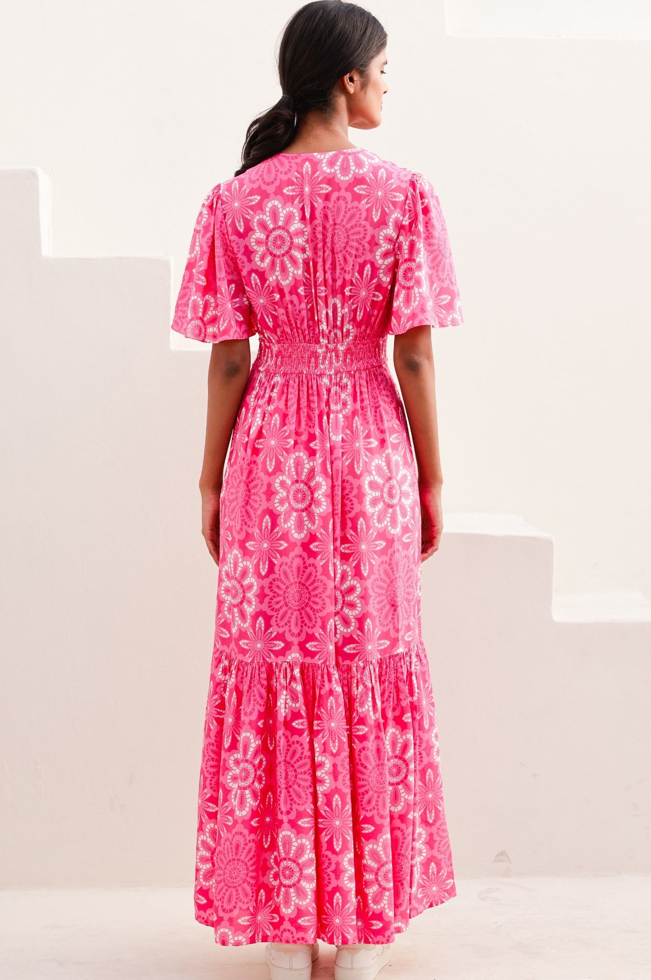 Sylvie EcoVero™ Floral Lace Dress in Pink & White | Sustainable Viscose Maxi Dress for Women | Perfect for Weddings, Garden Parties & Summer Vacations