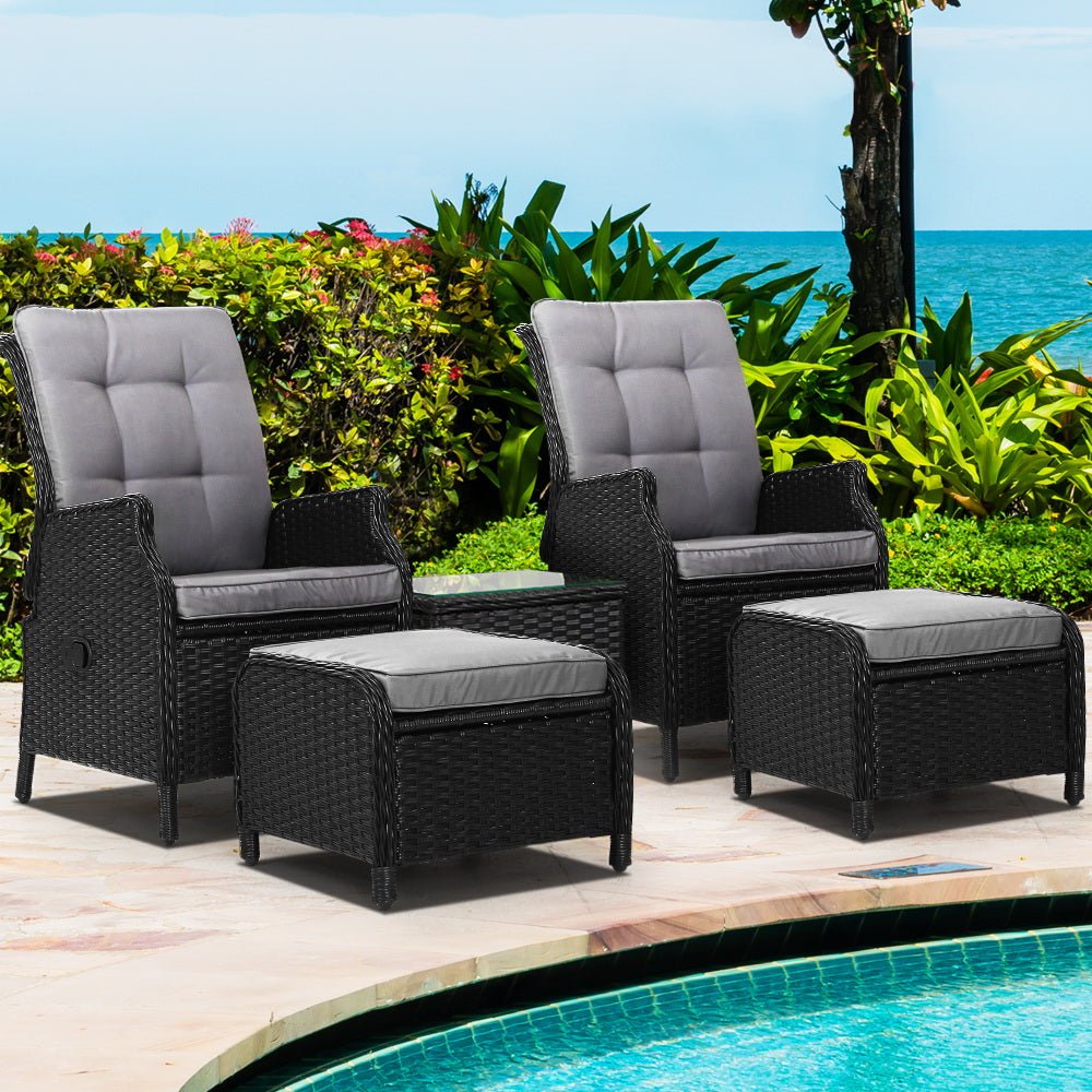 5-Piece Ella Outdoor Recliner Chair Set with Ottoman and Table - Black Patio Furniture for Backyard, Poolside & Garden Relaxation