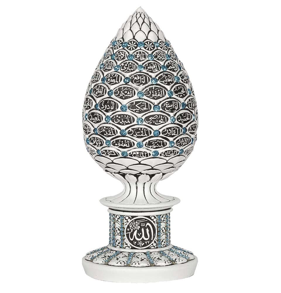99 Names of Allah Islamic Table Decor Egg - White & Turquoise Home Decor for Ramadan, Eid, Muslim Prayer Room & Gift Giving