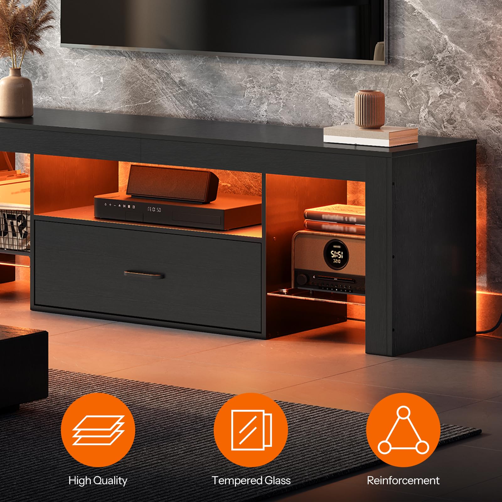 HOOBRO 65 inch LED TV Stand with Power Outlets, Modern Gaming Entertainment Center with Glass Shelves & Large Storage Drawer - Media Console Table for Living Room, Bedroom (Black BB14UDDS01G1) | Perfect for Home Theater Setup & Gaming Stations