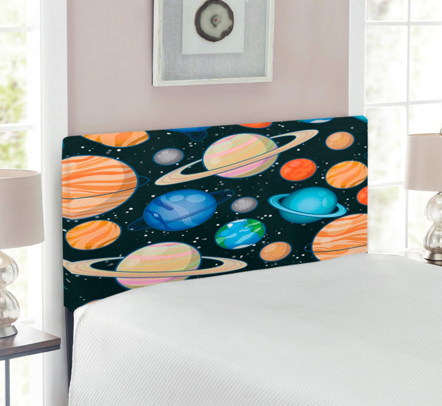 Ambesonne Galaxy Headboard - Twin Size Upholstered Metal Bed Headboard with Memory Foam | Solar System Planets Print (Mars, Mercury, Uranus, Jupiter, Venus) | Space Themed Decorative Headboard for Kids & Teens Bedroom | Multicolor Galaxy Space Art Design