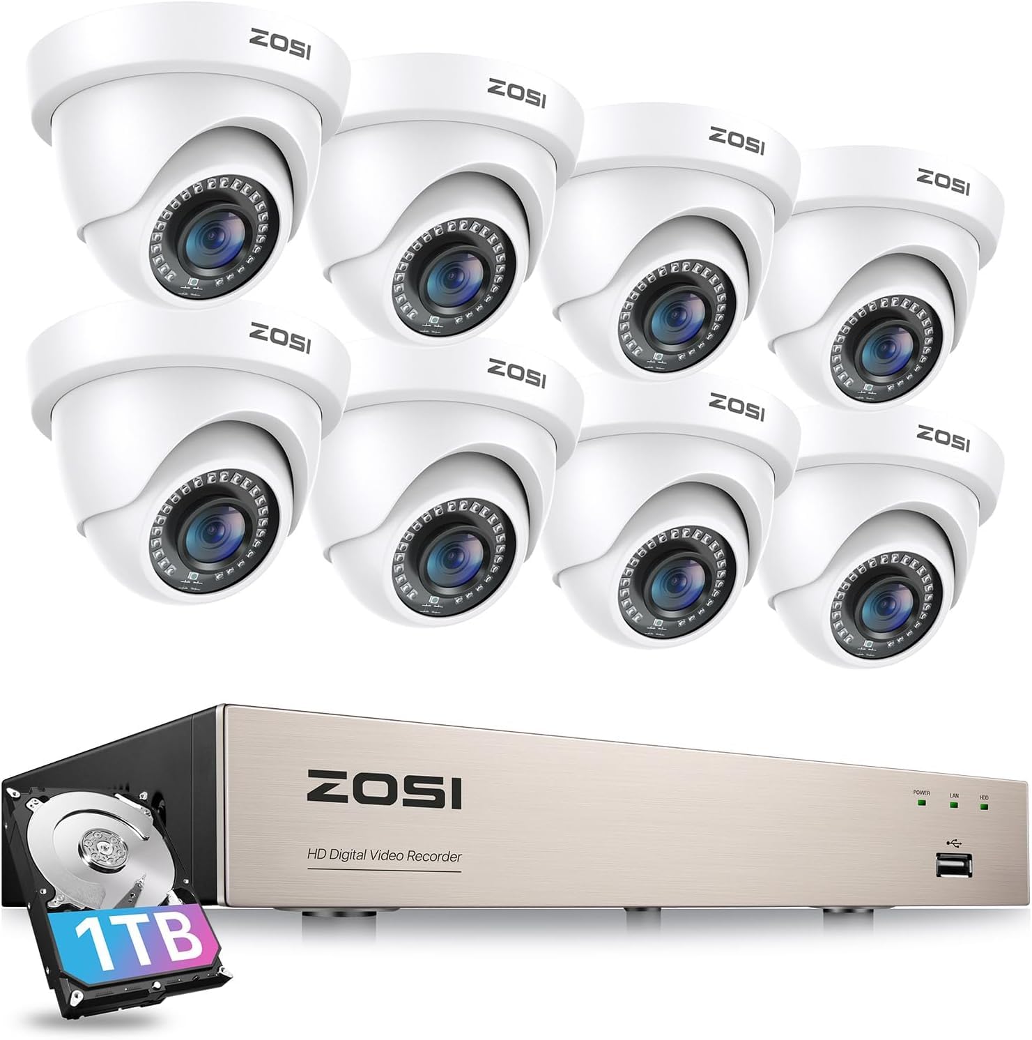 ZOSI 8CH 1080P Home Security Camera System with 1TB HDD - 8 Weatherproof Outdoor Indoor CCTV Dome Cameras, H.265+ DVR, Night Vision & Motion Detection for 24/7 Recording - Ideal for Home, Office, and Business Surveillance