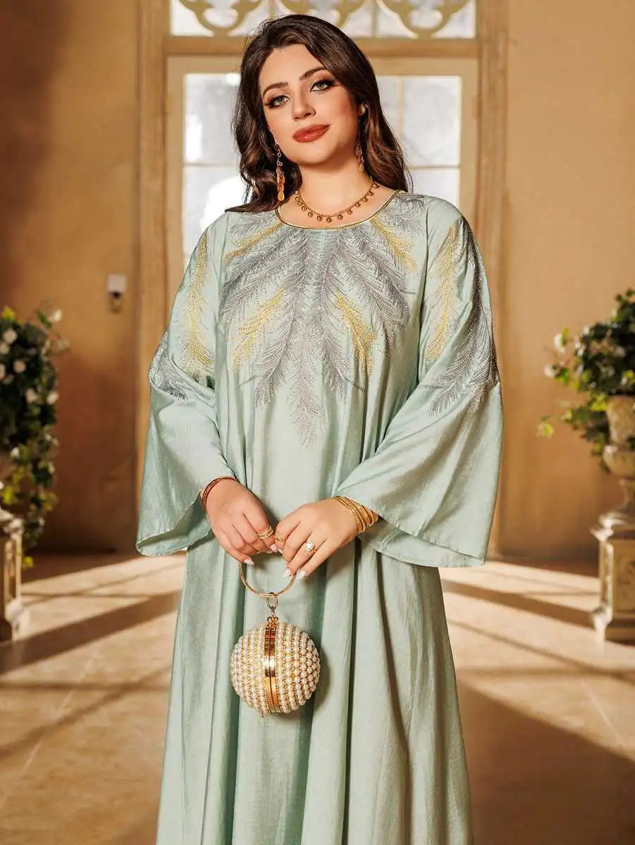 Elegant Eid Embroidered Hotfix Rhinestone Caftan Kaftan Dress for Women - Perfect for Holiday Parties, Weddings & Special Occasions