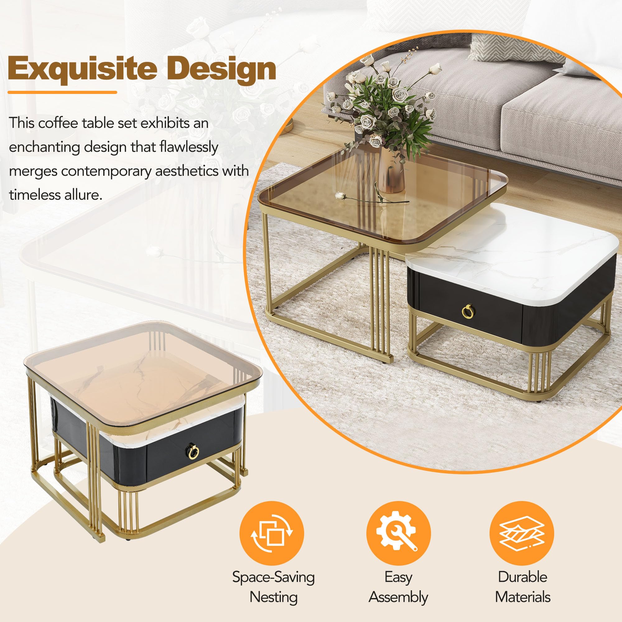LUSPAZ 2-Piece Nesting Coffee Table Set with Drawer - Square Stackable Side Tables with Brown Tempered Glass & High Gloss Marble Grain Tabletop - Modern Living Room Furniture for Small Spaces, Apartments & Home Decor