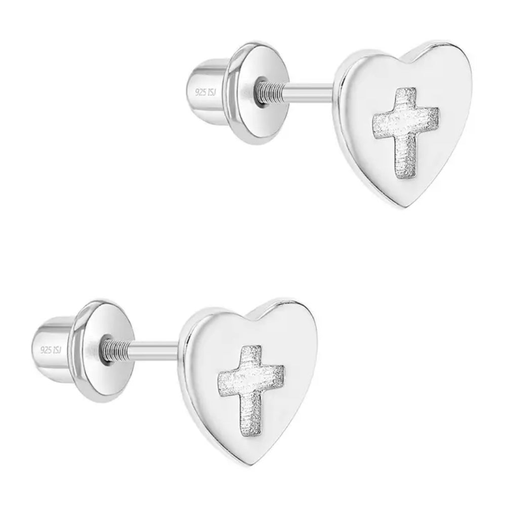 Kids' Sterling Silver Heart & Cross Cutout Earrings - Hypoallergenic Stud Earrings for Girls, First Communion, Birthday Gifts & Everyday Wear