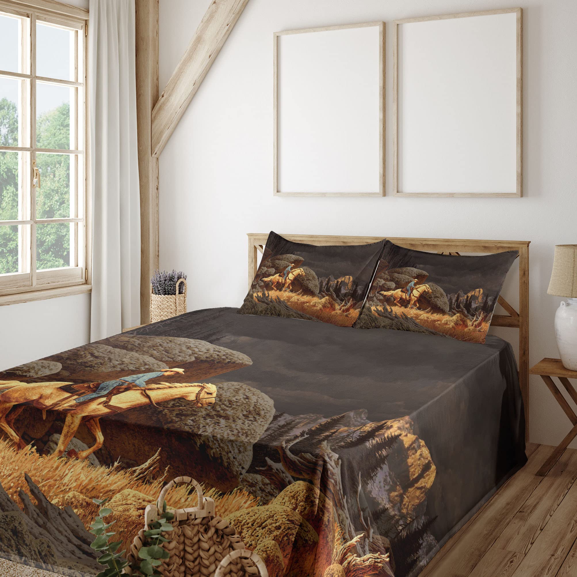 Ambesonne Western Cowboy Bedding Set - King Size 4-Piece Sheet Set with Fitted Sheet, Flat Sheet & Pillowcases - Rock Mountain Landscape Horse Riding Design in Earth Yellow & Grey - Perfect for Western-Themed Bedrooms, Ranch Homes, and Cowboy Decor