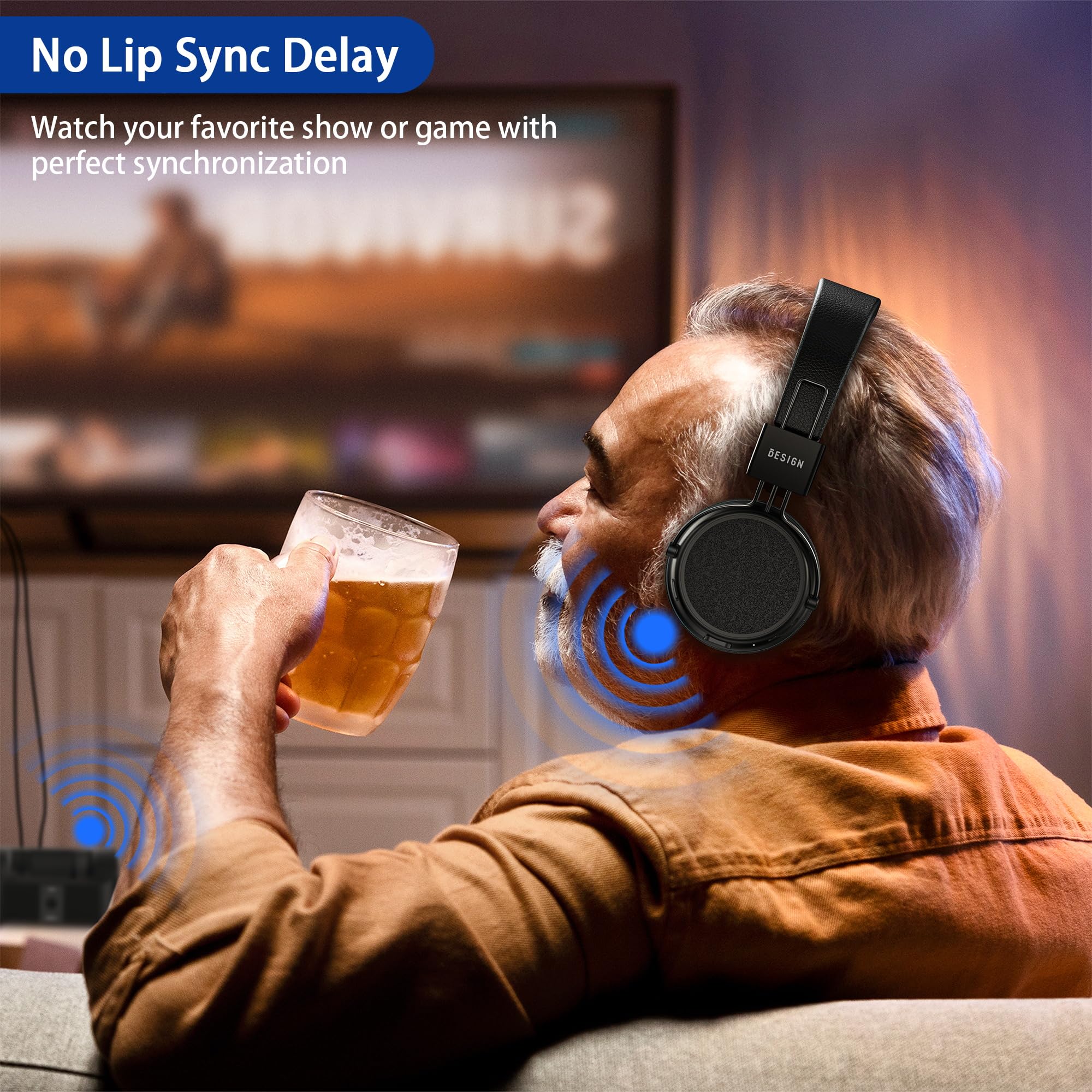 BESIGN BTH02 Wireless Bluetooth Headphones for TV Watching - 100ft Range, No Audio Delay, with Charging Dock - Ideal for Seniors & Home Entertainment