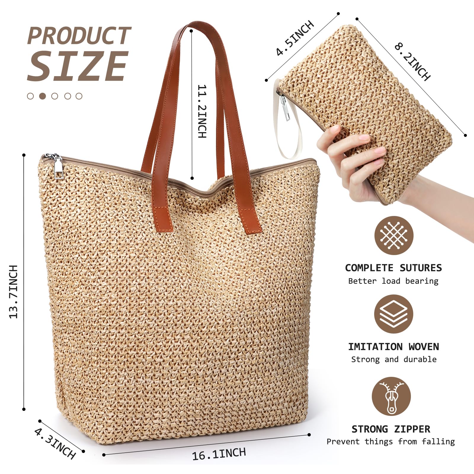 hatisan Straw Beach Bag for Women - Summer Woven Tote Shoulder Handbag, Boho Style Beach Bag for Pool, Vacation & Outdoor Activities