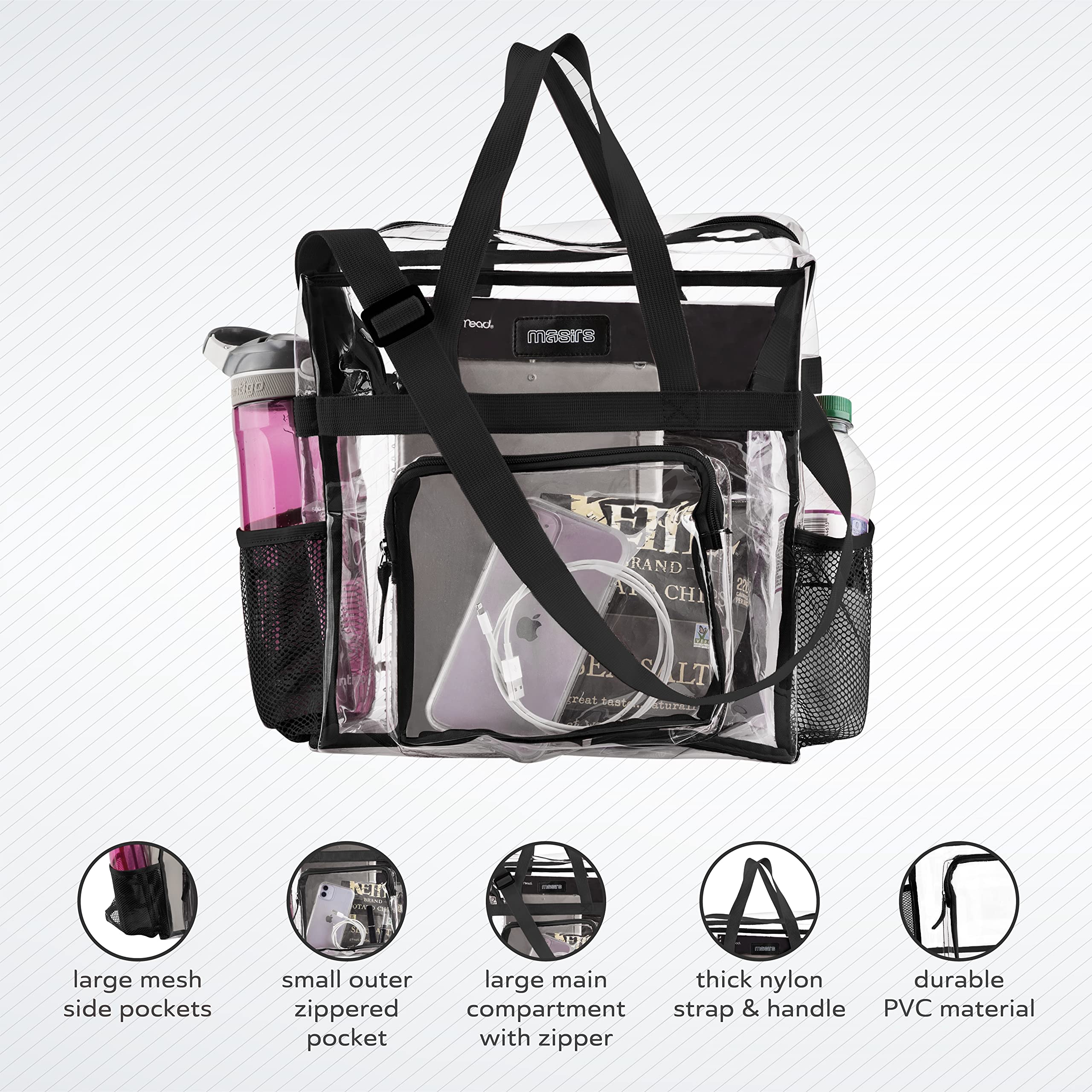Masirs Clear Tote Bag - Stadium Approved Transparent Purse with Mesh Pockets & Adjustable Shoulder Straps | Perfect for Work, Games, Concerts, Beach, Travel & School Events