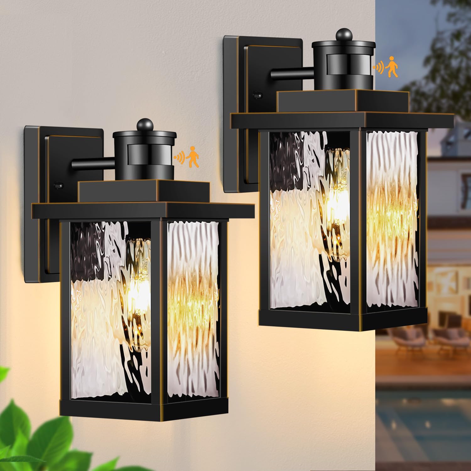 Outdoor Motion Sensor Porch Lights - Waterproof & Rustproof Aluminum Wall Sconce, Dusk to Dawn Exterior Lighting Fixture, Modern Black Gold Finish (2 Pack) - Perfect for Patio, Front Door, Garage & Backyard Security Lighting