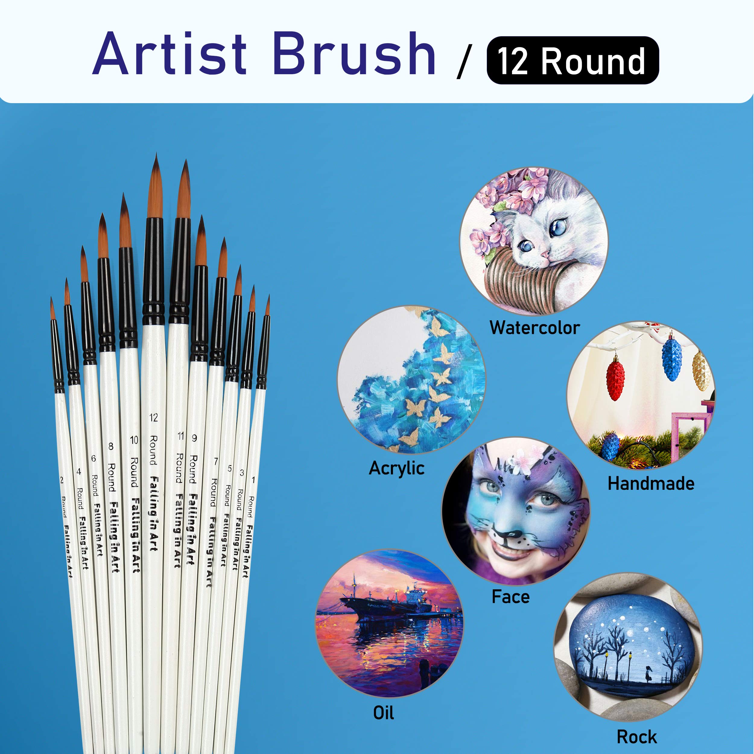 Professional 12-Piece Nylon Paint Brush Set for Watercolor, Oil & Acrylic Painting - Perfect for Artists, Face/Body Art, Nail Design & Rock Painting - Ideal for Beginners & Professionals